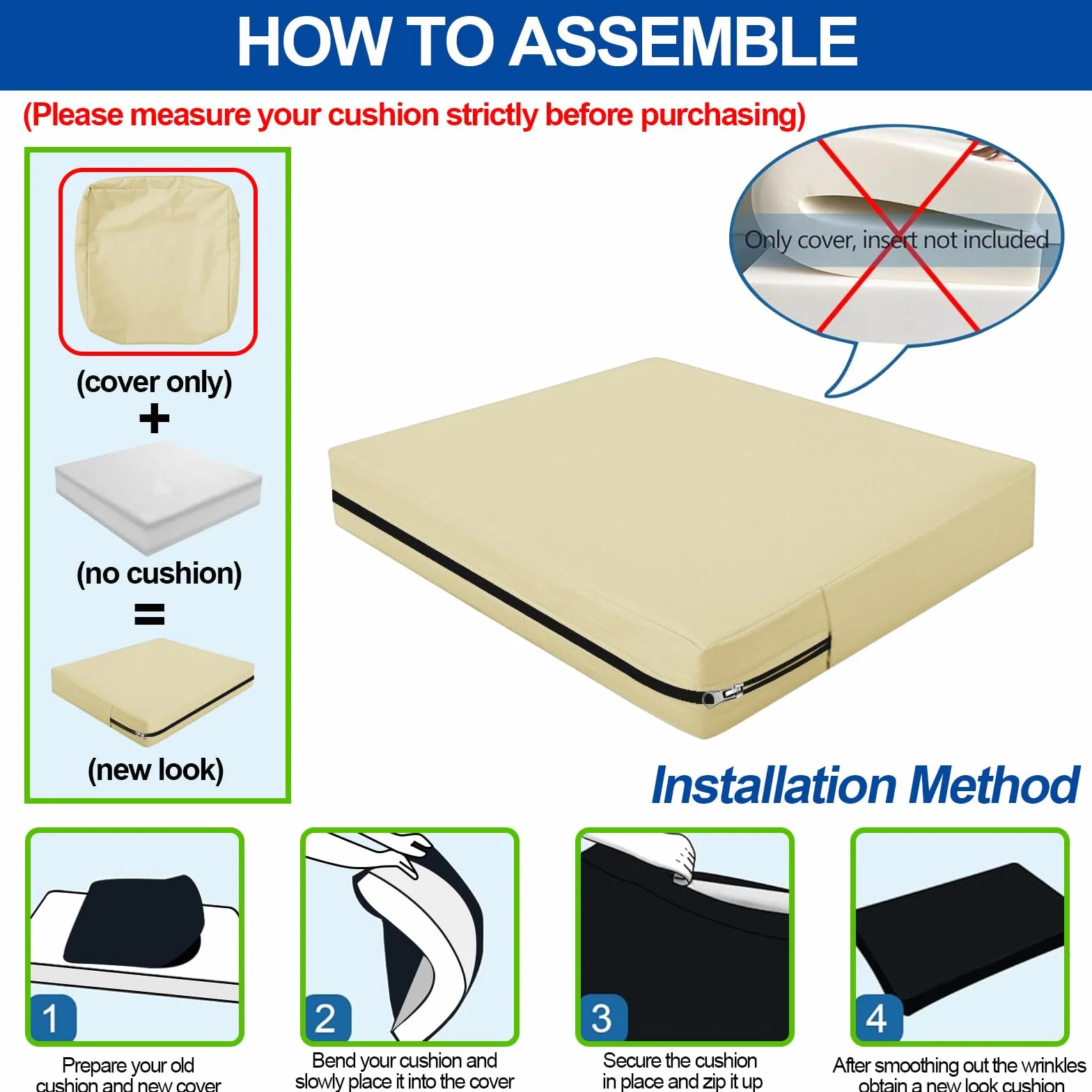 Fundas De Cojín Impermeables con Cremallera 50x50x5cm Beige para Exteriores Jardín
