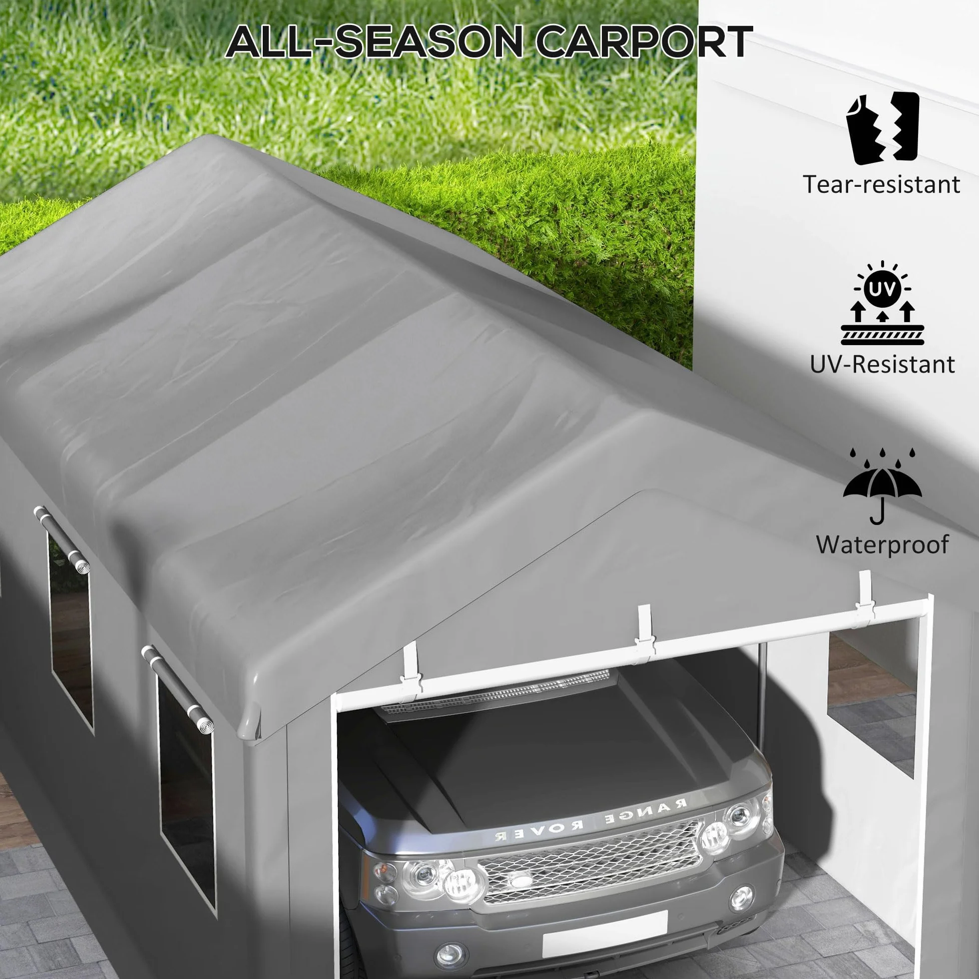 Outsunny Tente cochera Garaje 6L x 2,95l x 2,78H m Acero galvanizado PE Alta Densidad 160 g/m² Impermeable Anti-UV 2 Puertas enrollables 6 Ventanas