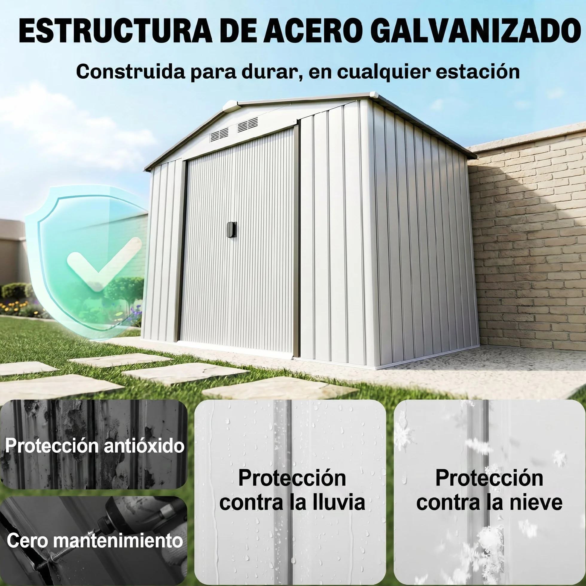Outsunny Caseta de Jardín Exterior 2,5 m² Metálico con 2 Puertas Correderas y 4 Ventanas Blanco
