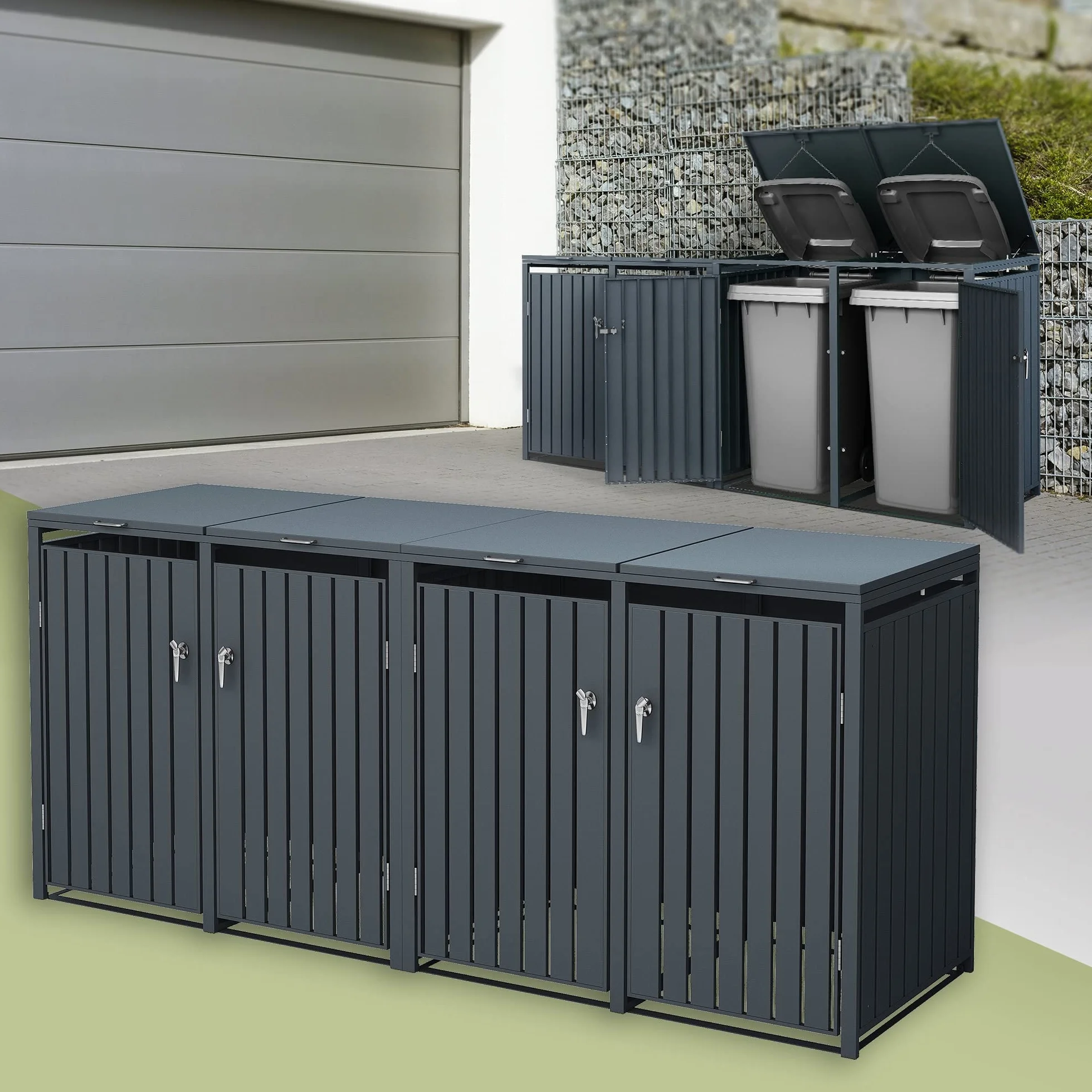 Cobertizo para Cubo de Basura 240L Doble Antracita 264x80x116 cm Caseta de Acero para Jardín Exterior 4 Puertas
