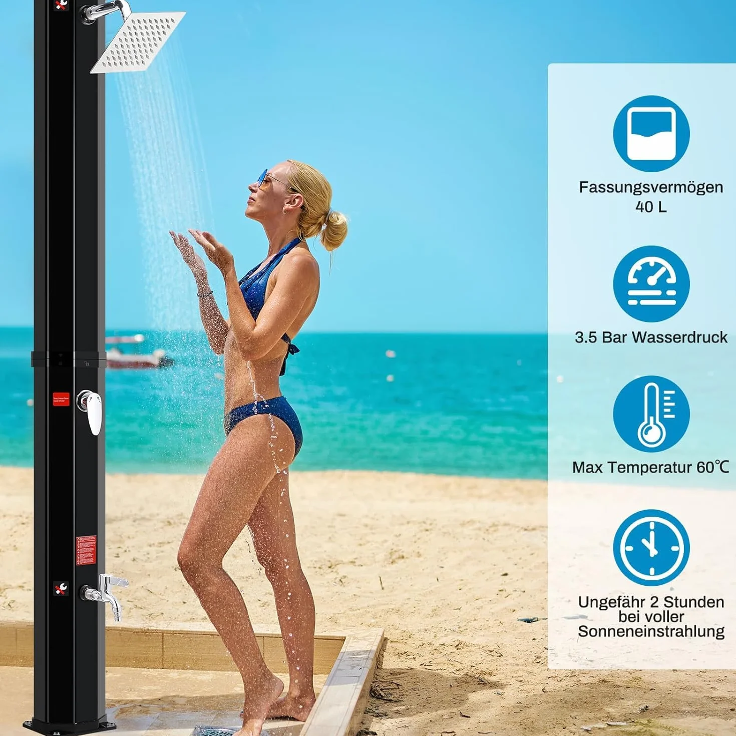 Ducha Solar 40 litros 225cm Jardín Cabezal Giratorio Agua Caliente 60°C sin Conexión Eléctrica