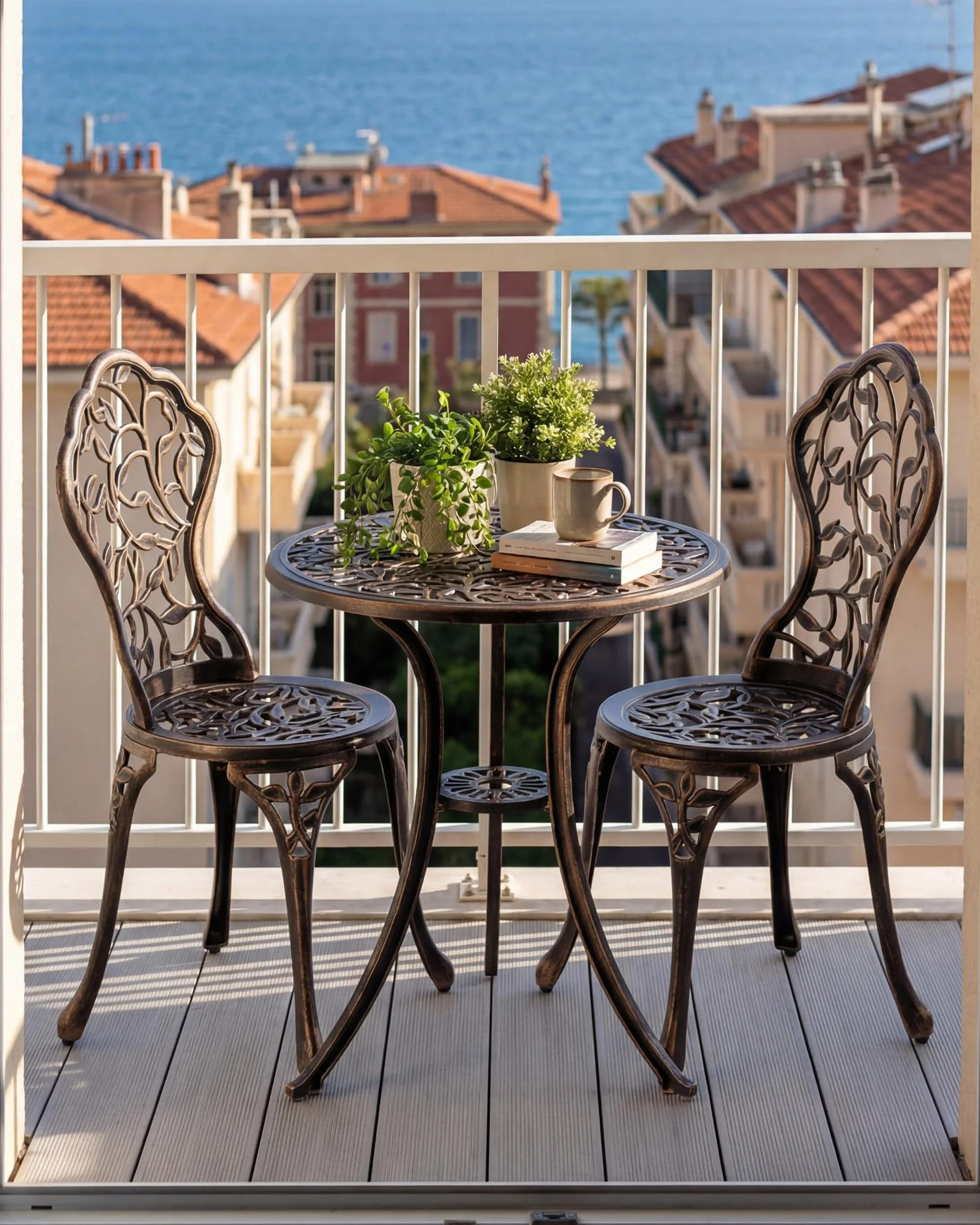 Conjunto de Mesa y Sillas de Jardín 3 Piezas Aluminio Fundido Bronce