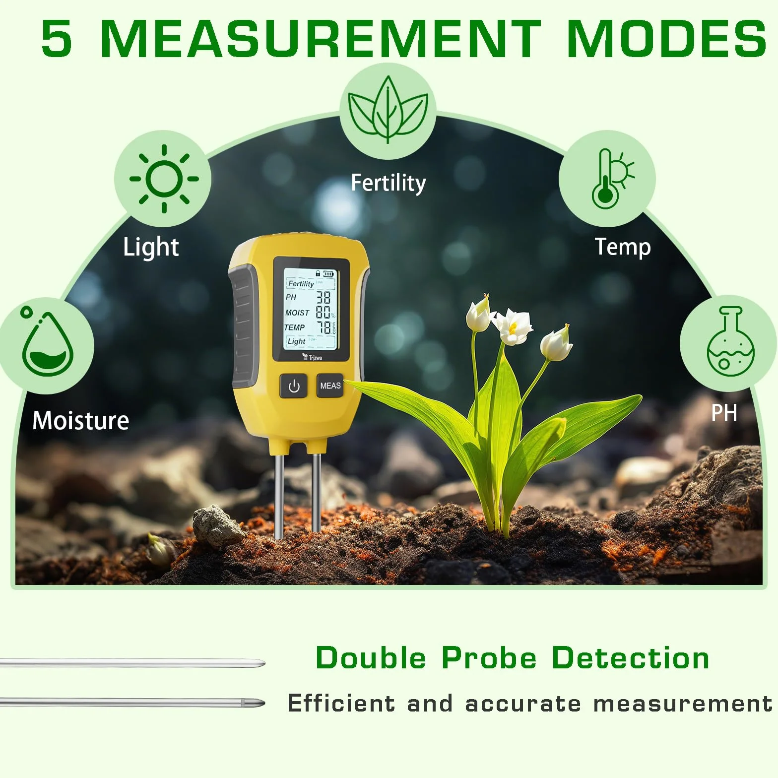 Medidor de Humedad de Plantas 5 en 1 PH Humedad Temperatura Luz Solar con Pantalla LCD Retroiluminada