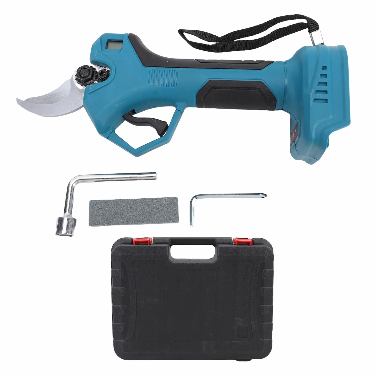 Jeffergarden Podadora Eléctrica Azul, Cortadora de Árboles Inalámbrica con Pantalla Digital y Cierre de Seguridad de 30 Mm para Jardinería