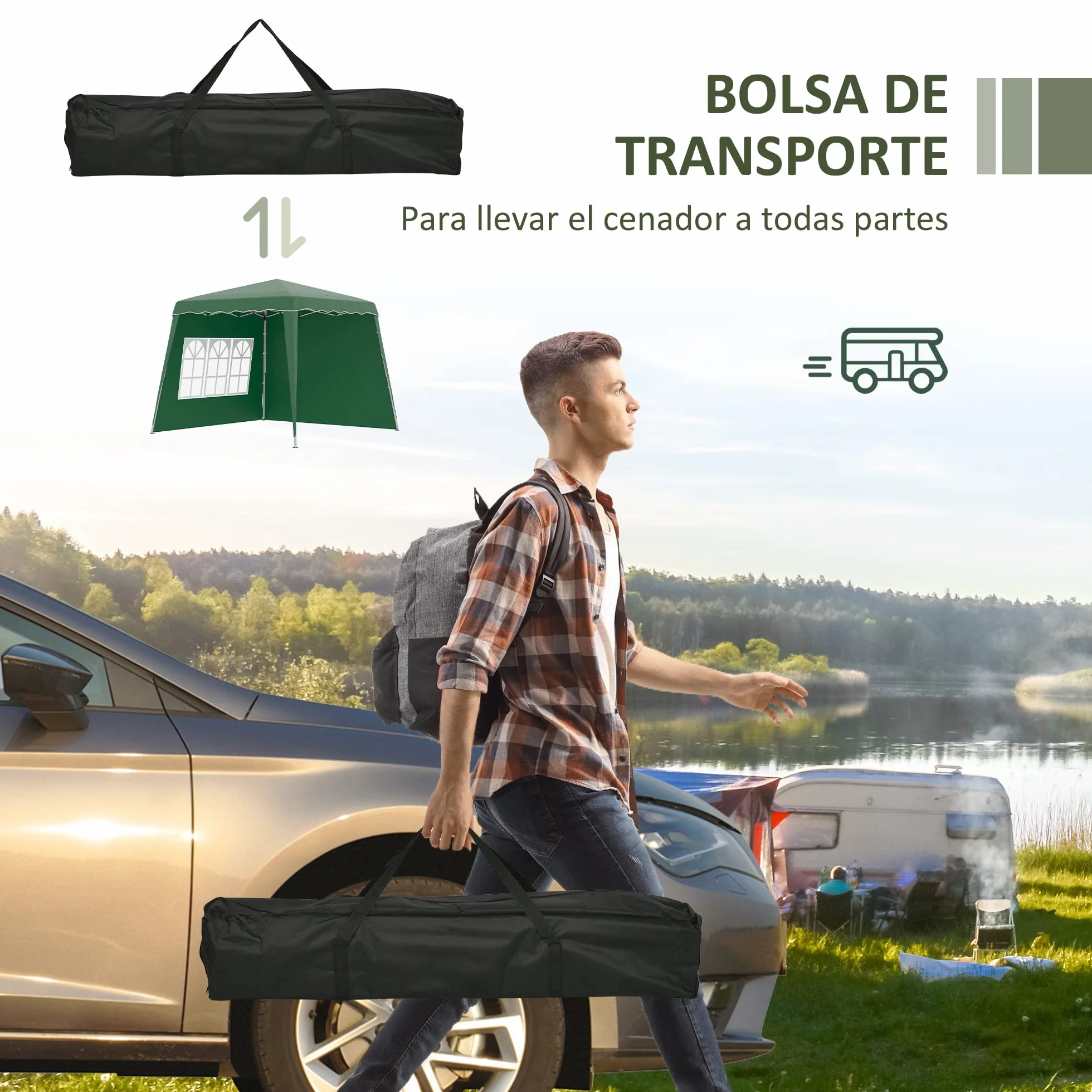 Outsunny Carpa Plegable Pop-up 3x3 m Cenador Pabellón de Jardín con 2 Paredes Laterales Altura Ajustable y Bolsa de Transporte Protección UV50+ Impermeable Gazebo para Camping Fiestas Exterior Verde