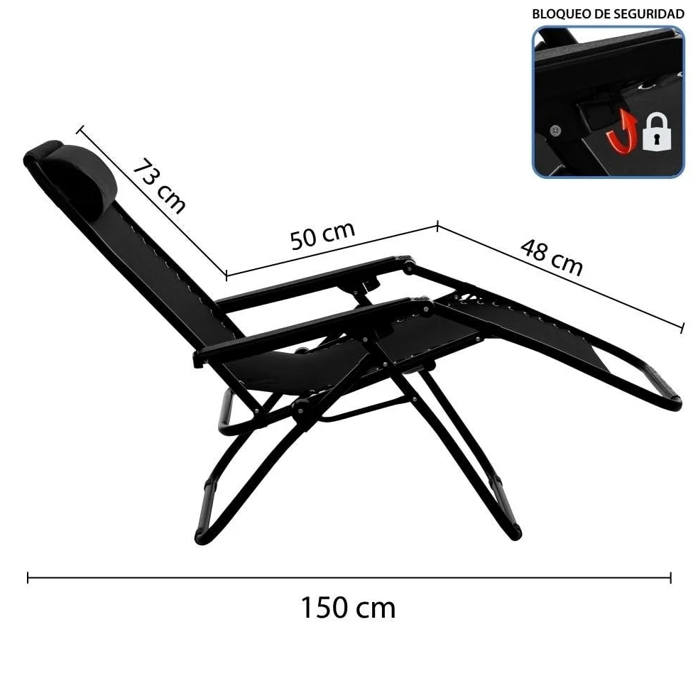 LOLAhome Pack de 2 sillas Gravedad Cero reclinables con Bloqueo de Seguridad Negras de Tejido Oxford y Acero de 95x65x106 cm