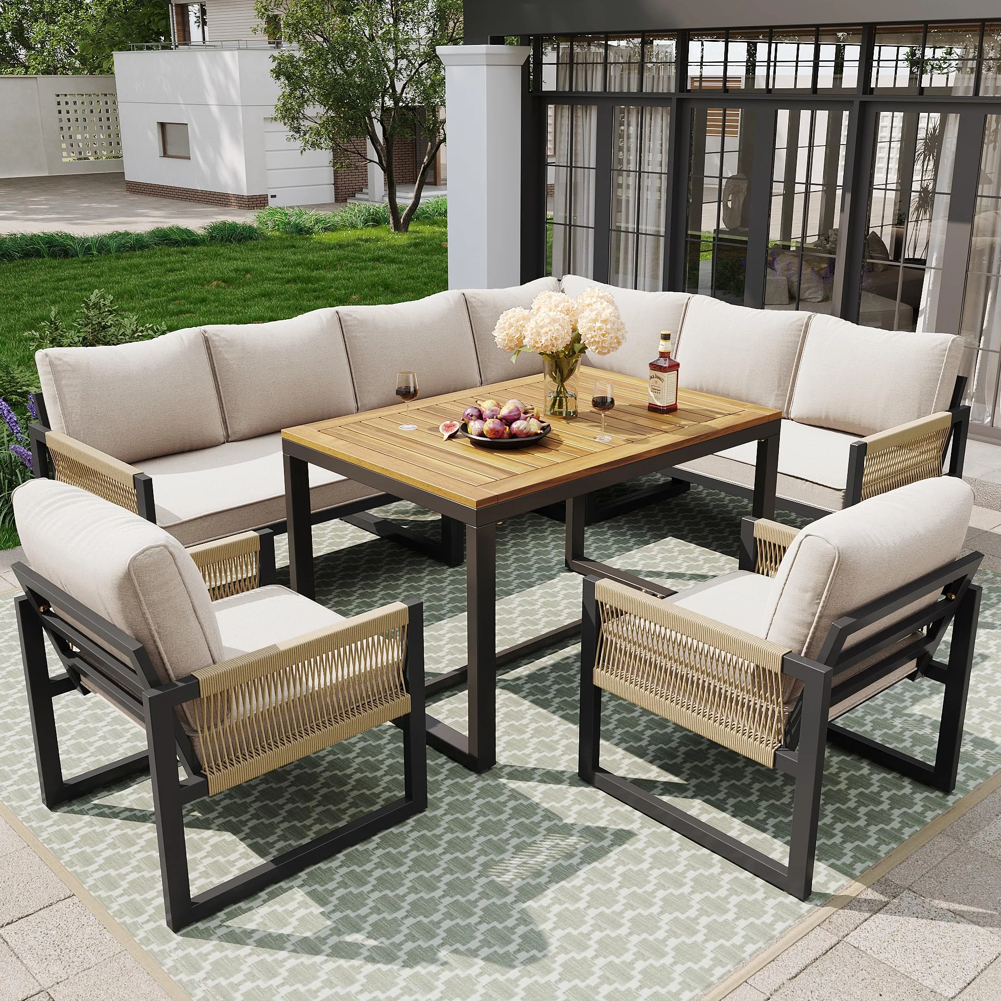 Juego de salón de jardín, grupo de comedor para 7-8 personas, muebles de jardín, juego de muebles de jardín, balcón, terraza, resistente a la intemperie, grupo de comedor moderno