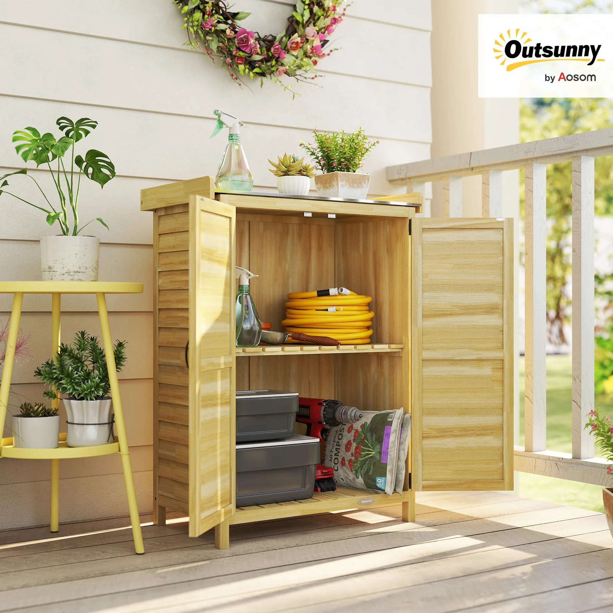 Outsunny Armario Exterior Madera Caseta Jardín Techo Metal Galvanizado Estantes 2 Puertas Ganchos Cobertizo Almacenaje Herramientas 71,5x39x95 cm Natural