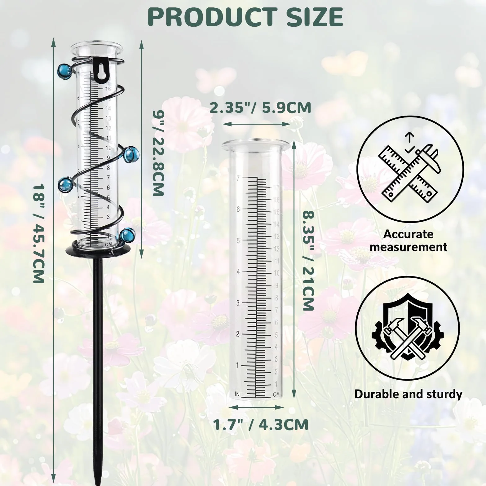 Pluviómetro Exterior 48 cm con Soporte de Metal en Espiral, Medidor de Lluvia de Cristal
