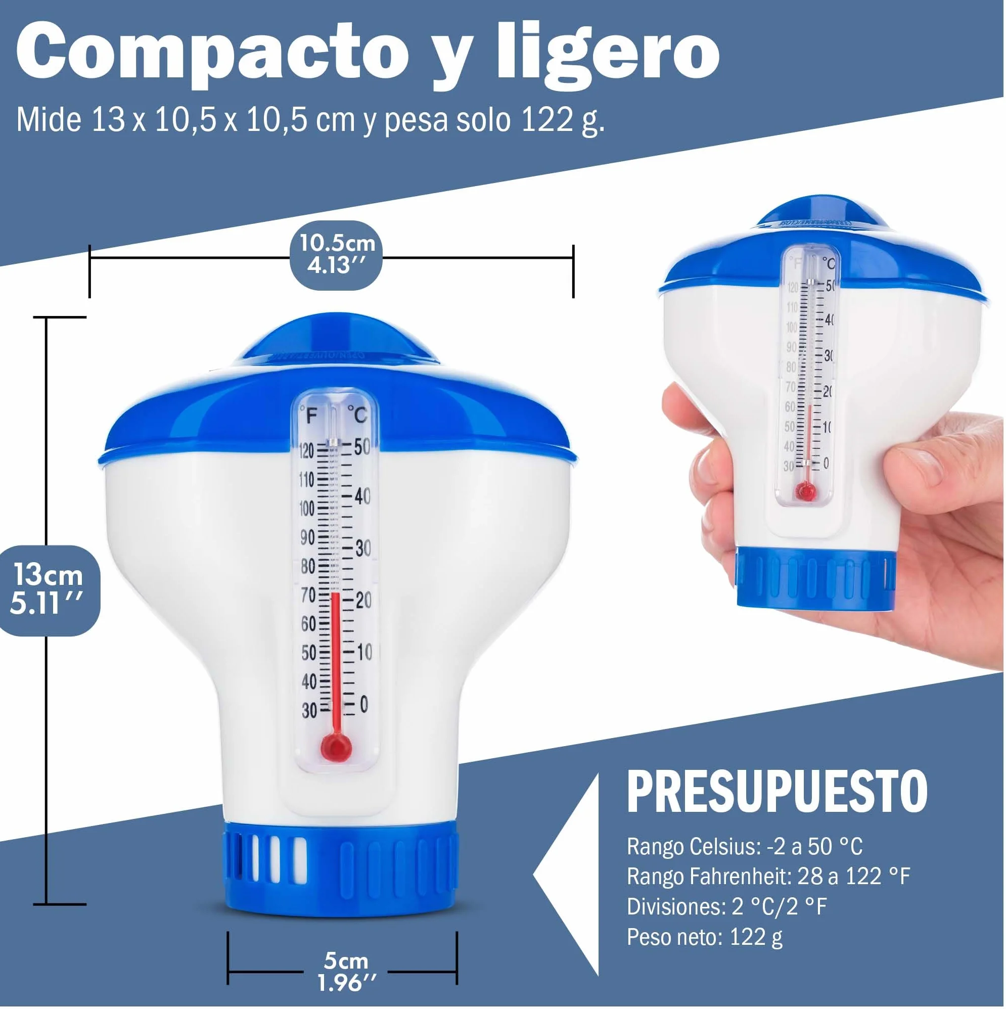 Dispensador de Cloro Flotante con Termómetro Integrado para Piscinas, Jacuzzis y Spas