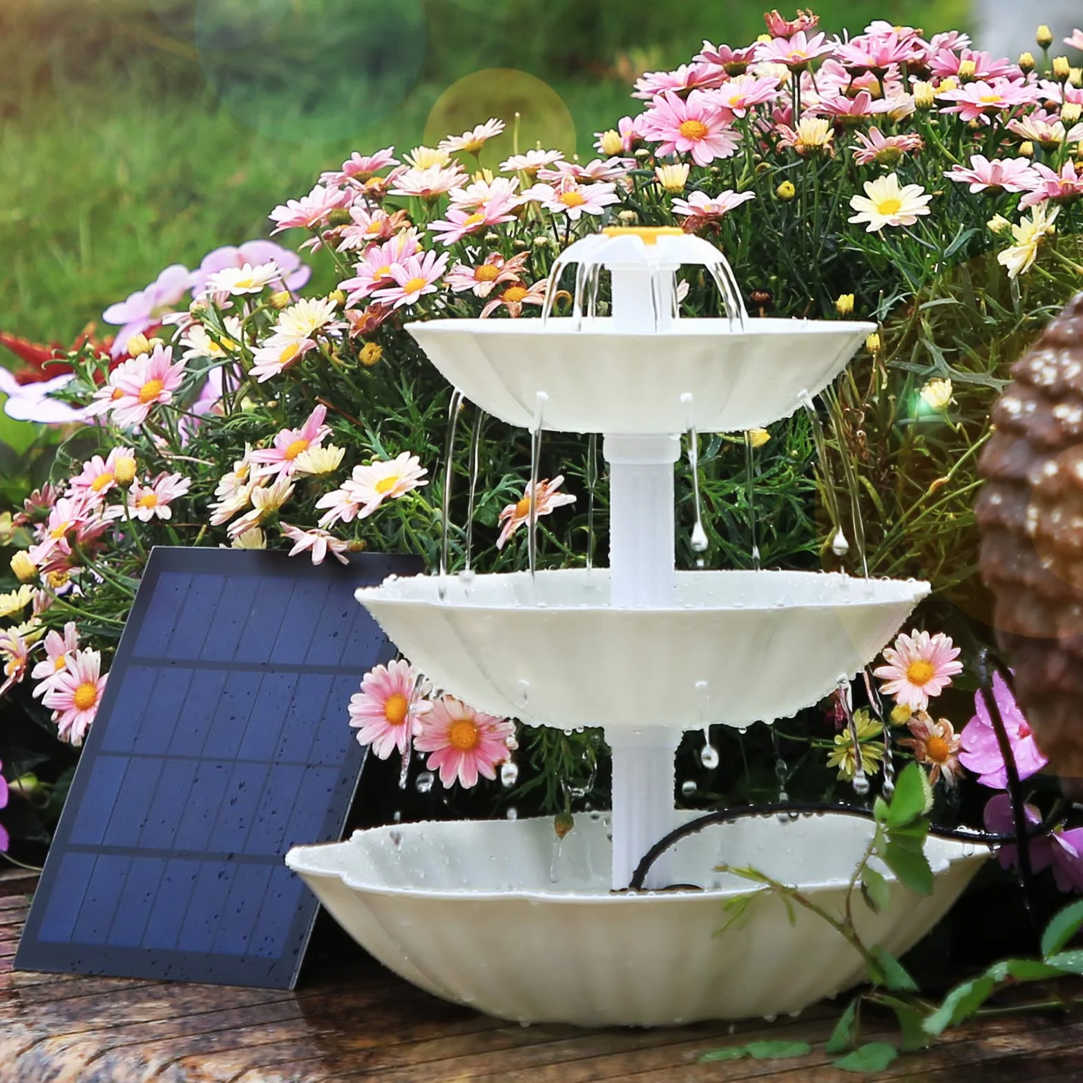 AISITIN Fuente decorativa de bricolaje, juego de bebedero para pájaros con fuente solar de 3,5 W, comedero para pájaros de 3 niveles, para exteriores, baño de pájaros y fuente solar DIY, extraíble y
