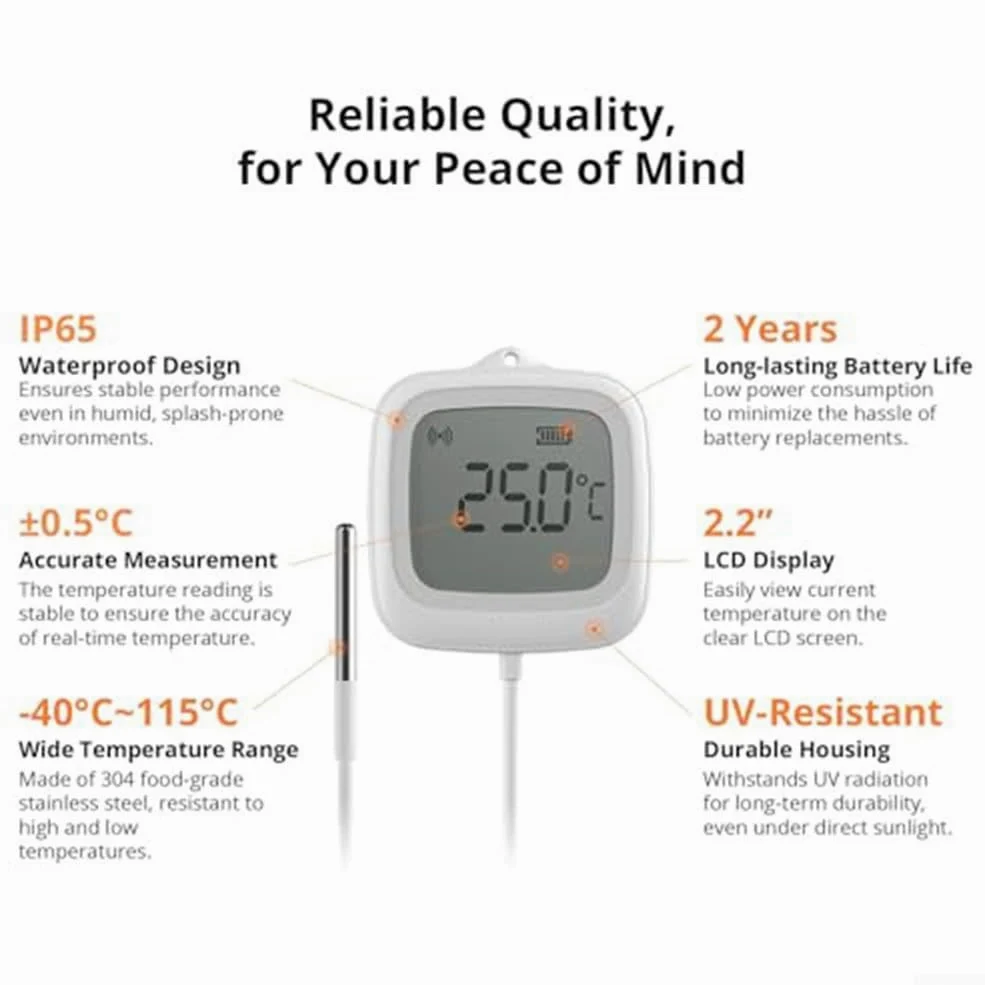 SNZB-02LD - Sensor de temperatura Zigbee 3.0 con sonda de 1,5 metros y pantalla LCD para piscina, cocina, baño y uso industrial