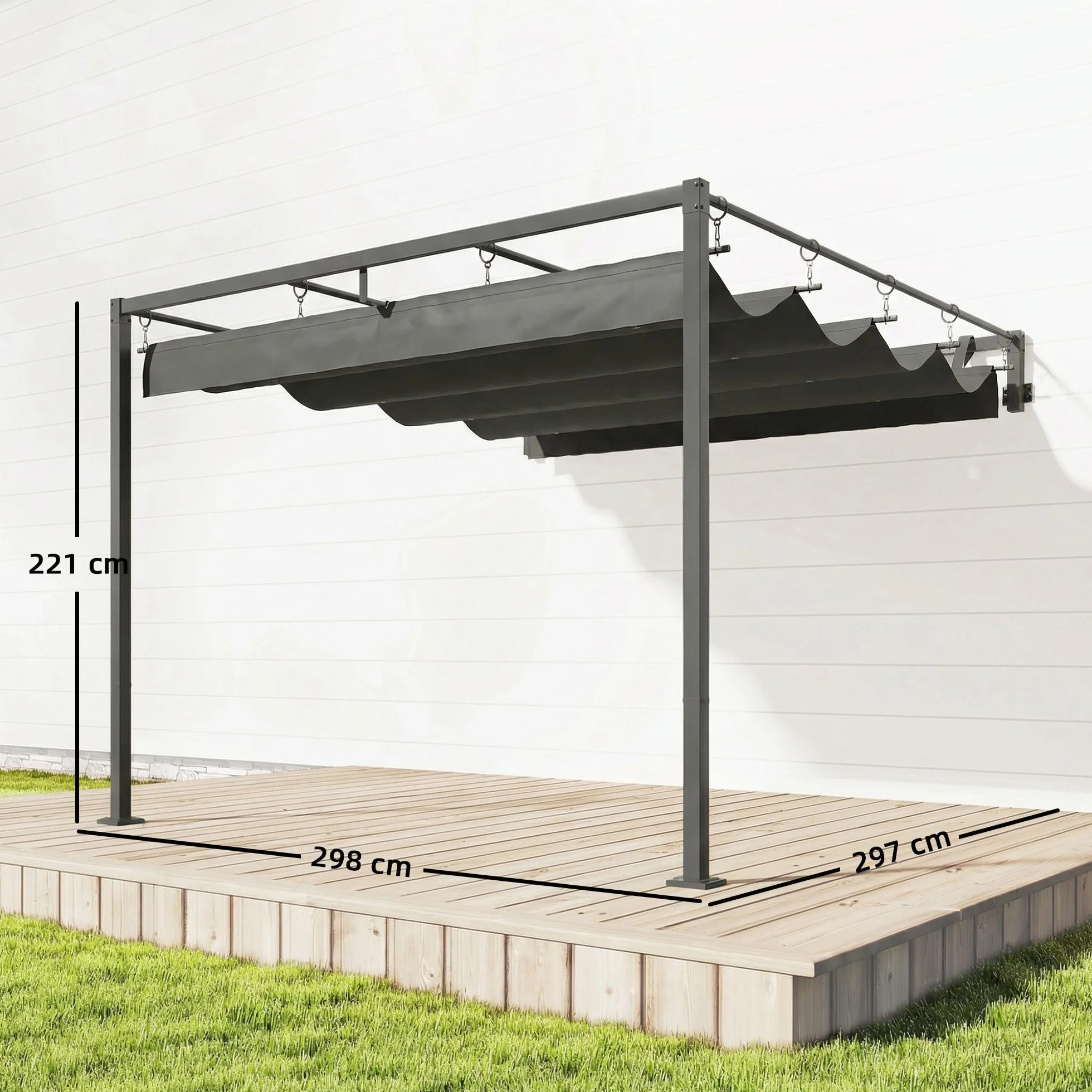 Outsunny Pérgola de Pared de Jardín 3x3 m, Cenador con Techo Retráctil, UPF30+, Estructura de Acero, Gris Oscuro