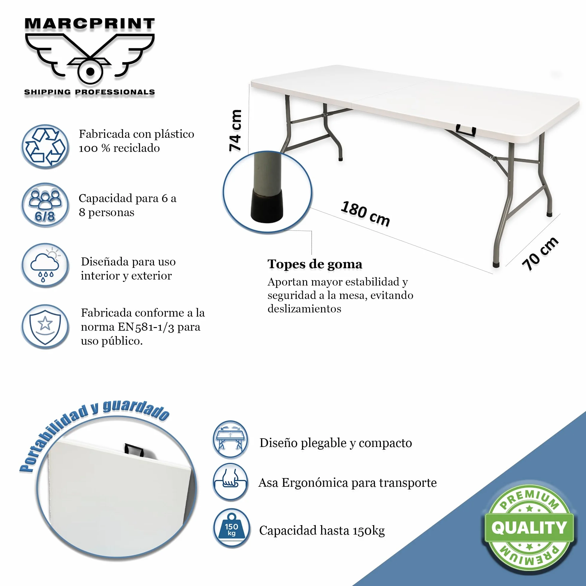 Mesa Plegable 180 x 70 cm Acero HDPE Blanco 150 kg para Camping Eventos Comedor