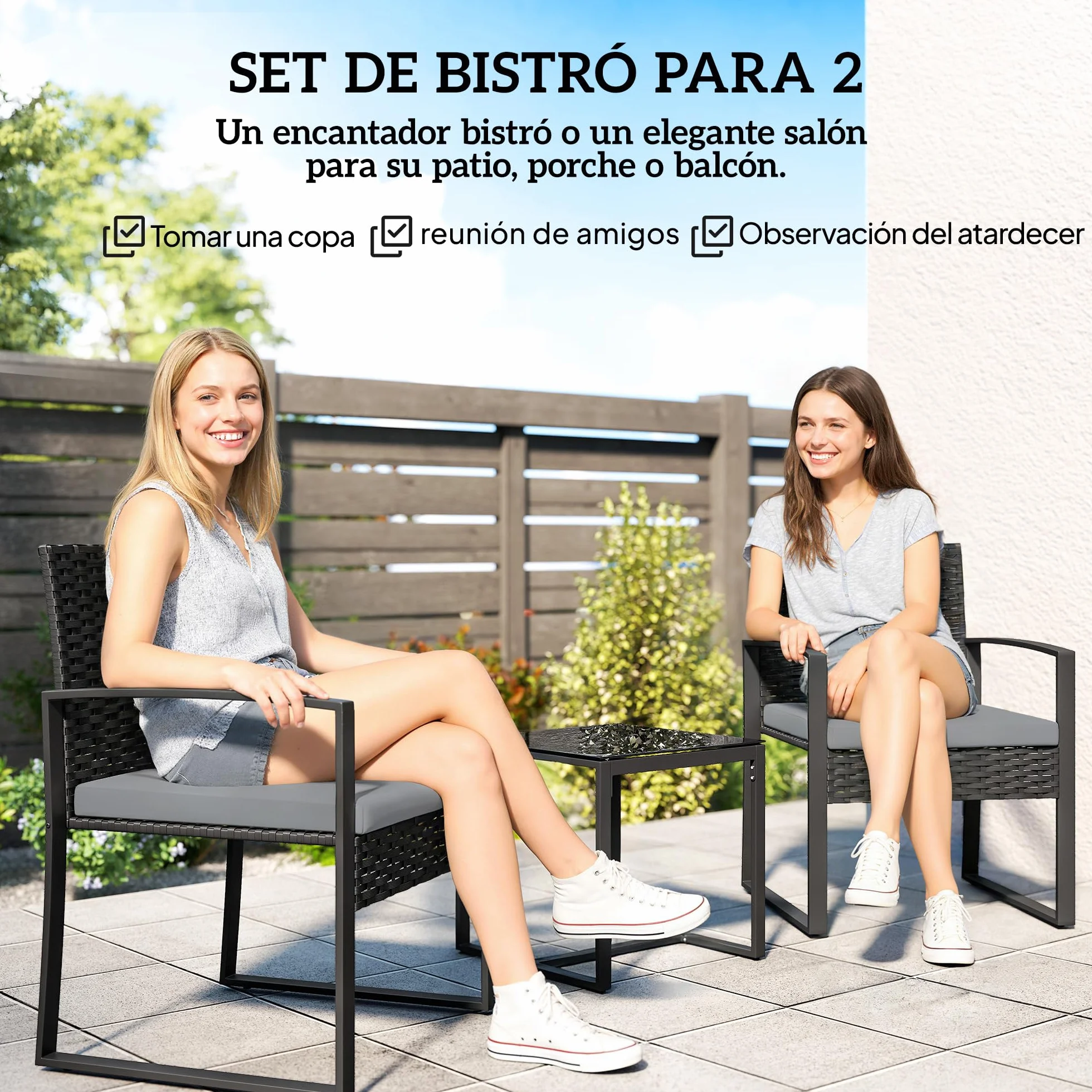 Outsunny Conjunto de Jardín Exterior de 3 Piezas, Muebles Jardín Exterior de Ratán con 2 Sillas con Cojines Lavables y Mesa de Vidrio Templado, Resistente a Intemperie, para Balcón, Patio, Gris Claro