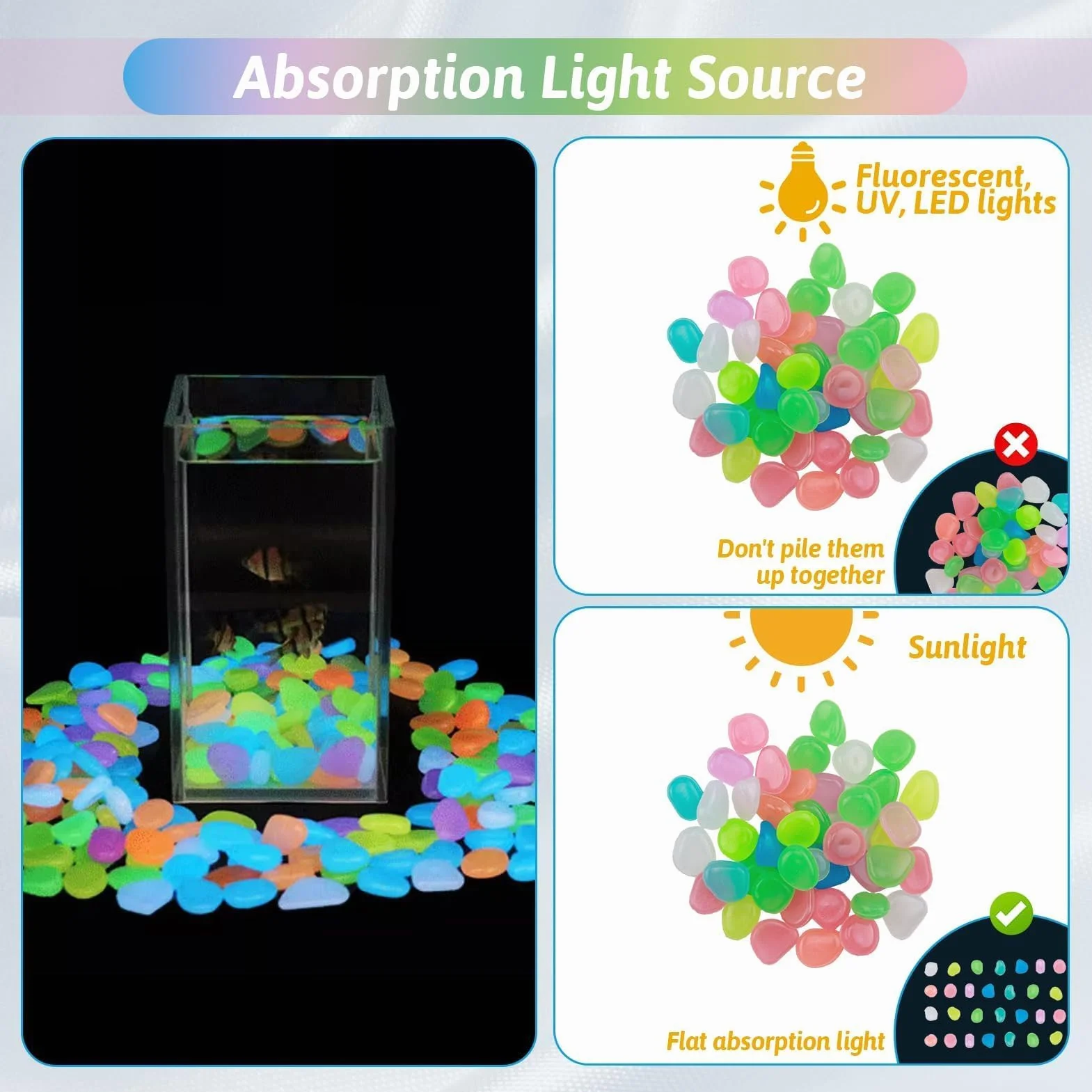 Piedras Luminosas 300 Piezas, Guijarros Decorativos Fluorescentes para Jardin Acuario Macetas