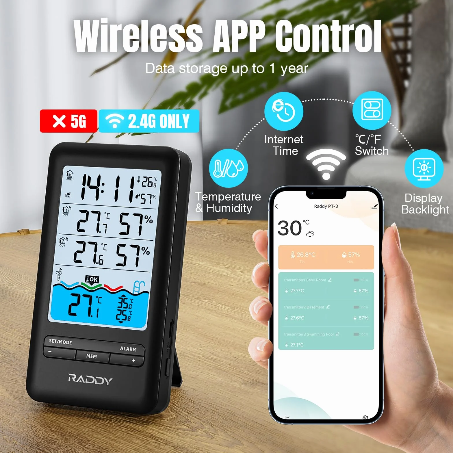 Raddy PT-3 Termómetro para piscina Wi-Fi flotante con monitoreo remoto APP y 2 sensores adicionales
