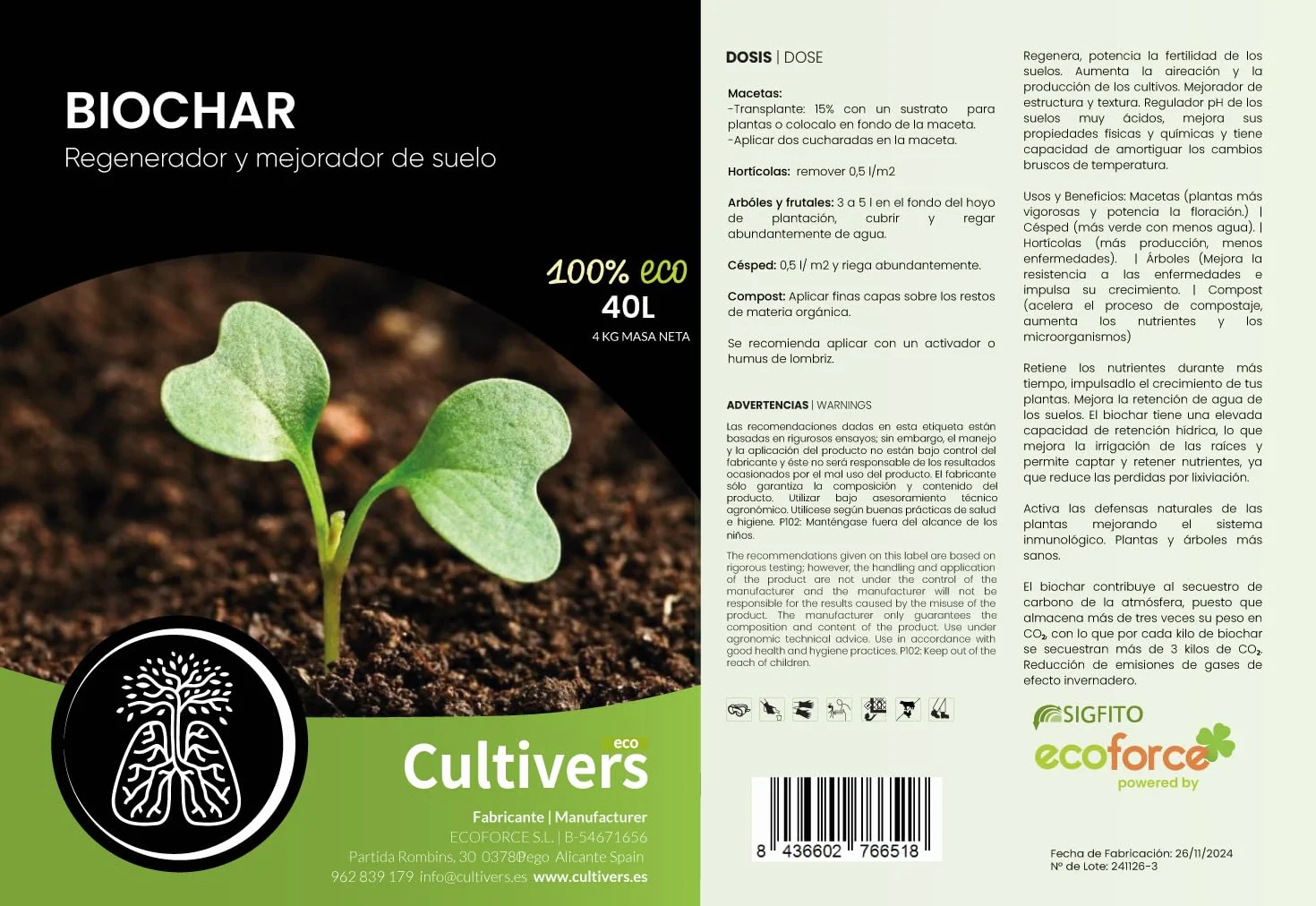 CULTIVERS Biochar Carbón Vegetal 40 L (8kg) Mejorador de Suelo Ecológico para Huerto, Césped, Compost y Plantas