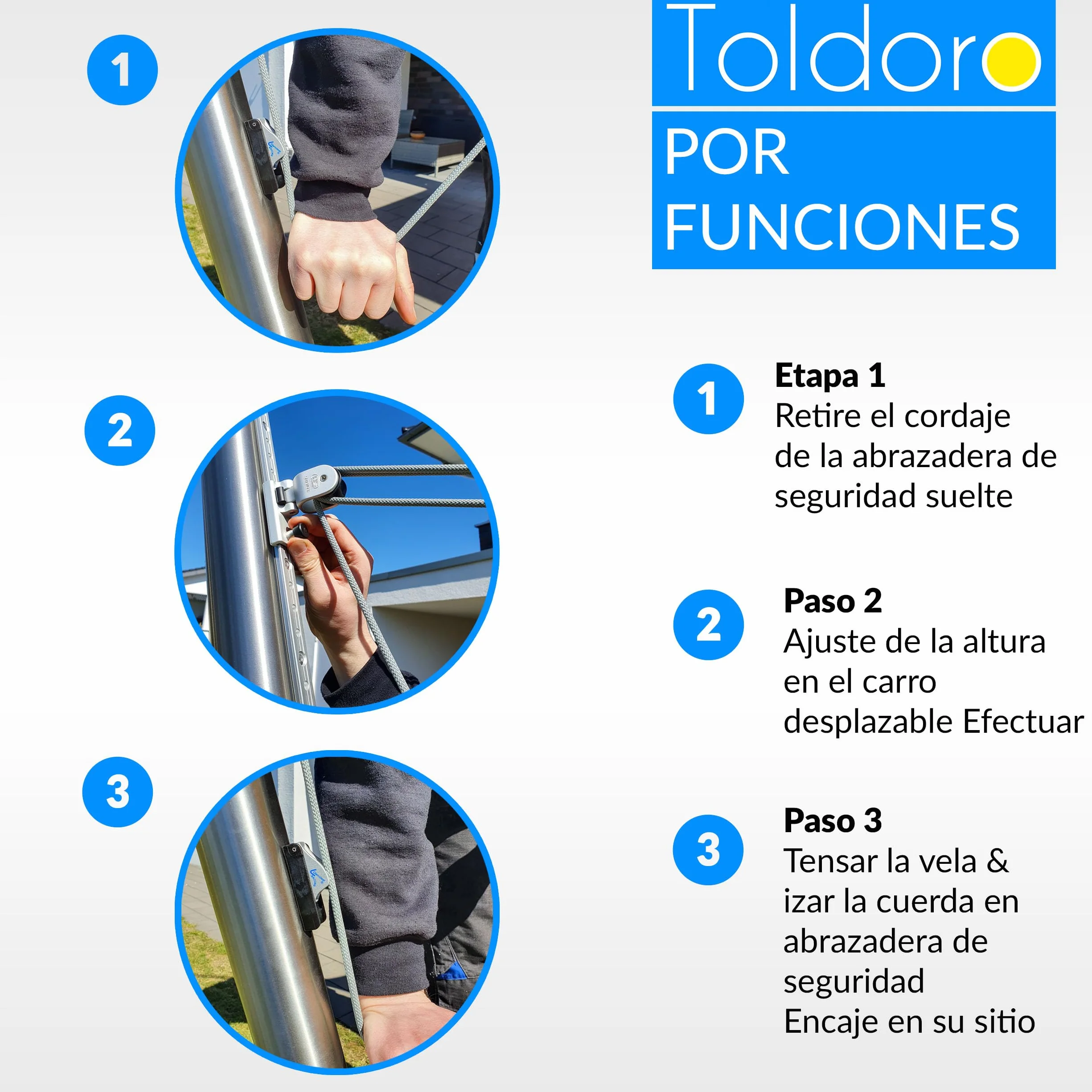 Toldoro® Set de ajuste de altura para toldos para postes, postes y postes de madera/toldo, polea de polea inoxidable y duradero