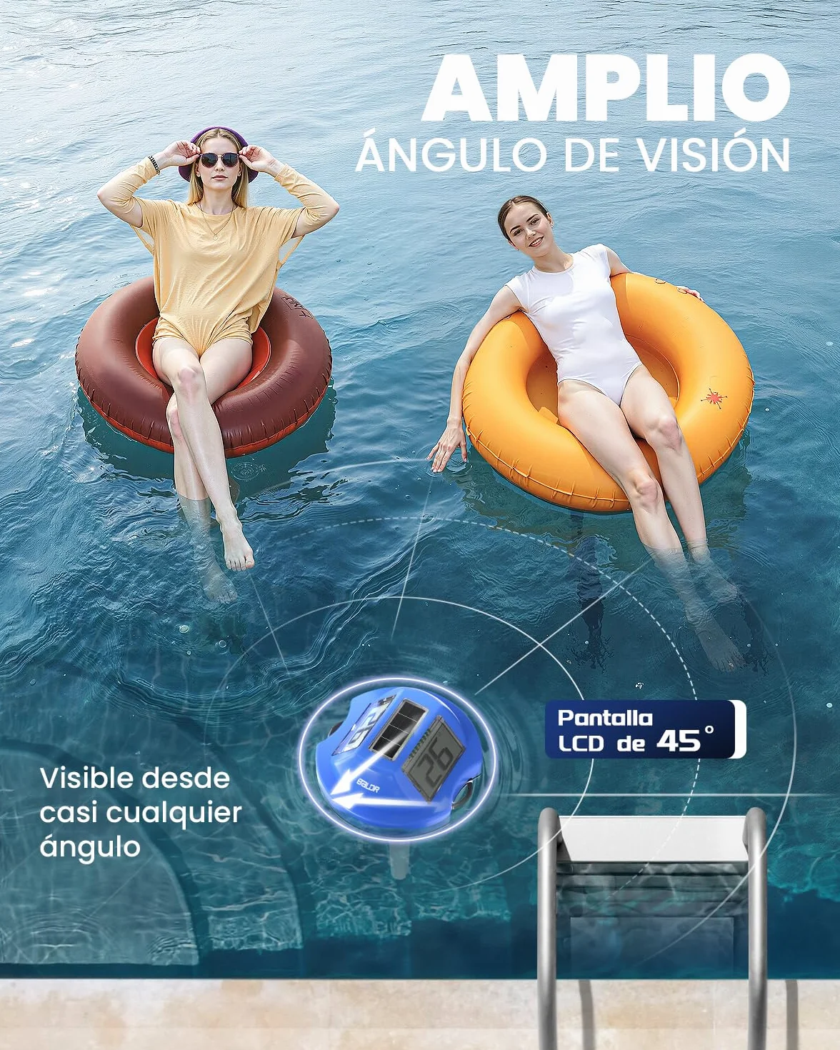 BALDR Termómetro piscina solar flotante IPX7 impermeable doble pantalla antirreflejos
