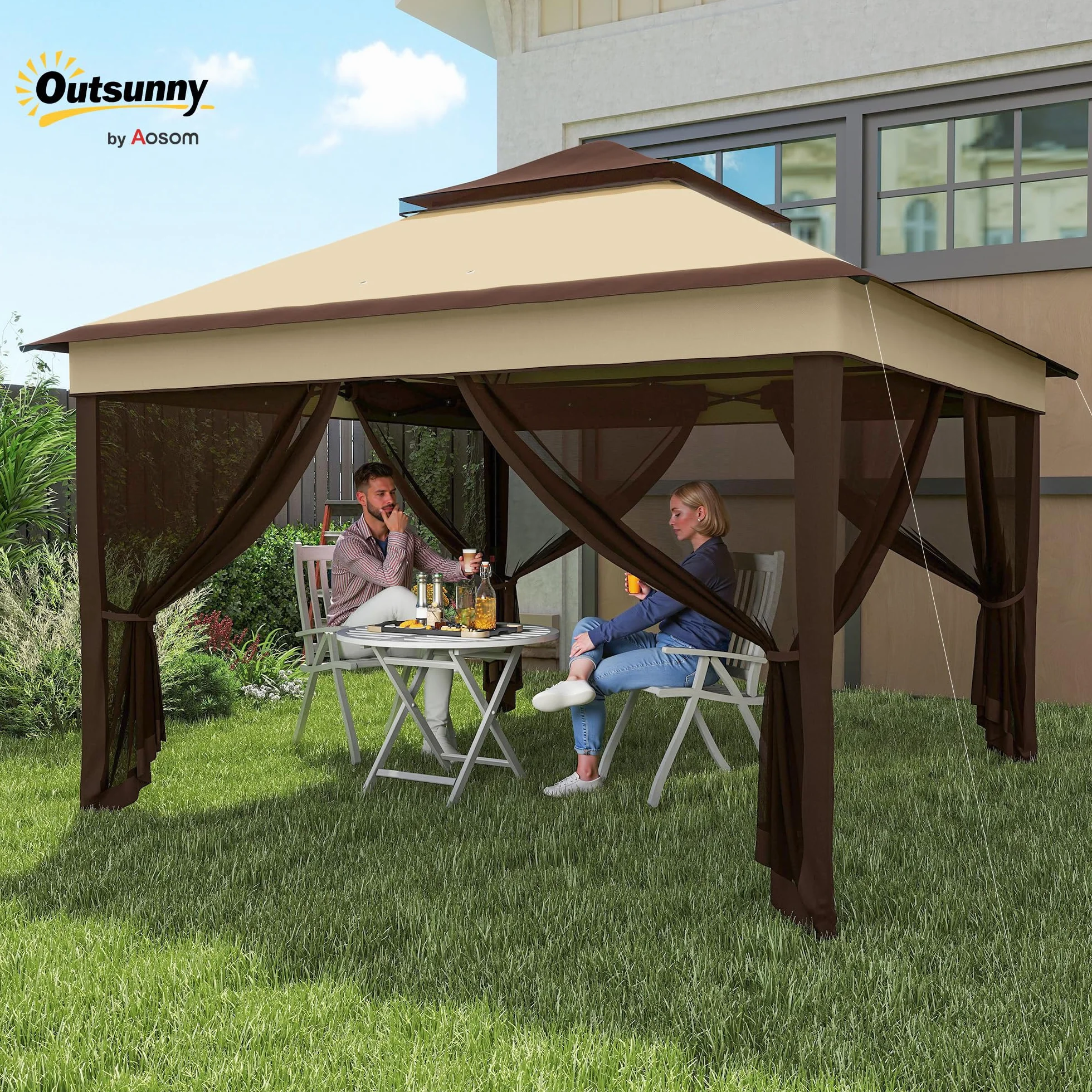 Outsunny Carpa Plegable 3x3x2,7 m Cenador de Jardín con Doble Techo Altura Ajustable 4 Mosquiteras Protección UV30+ Impermeable y Bolsa Gazebo para Exterior Fiestas Camping Beige y Café