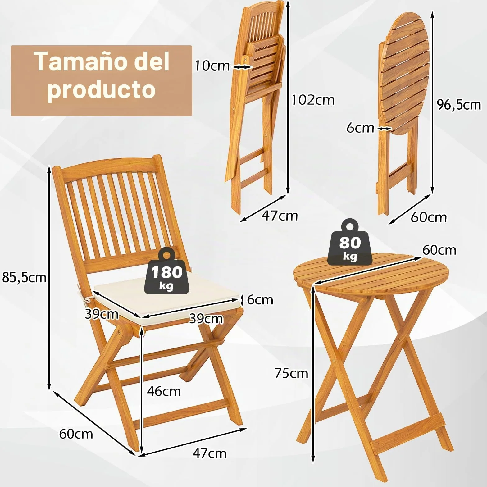 GOPLUS Juego de Mesa y Sillas para Jardín 3 Piezas, Mesa Redonda y 2 Sillas Plegables con Cojines, Madera de Acacia, Beige