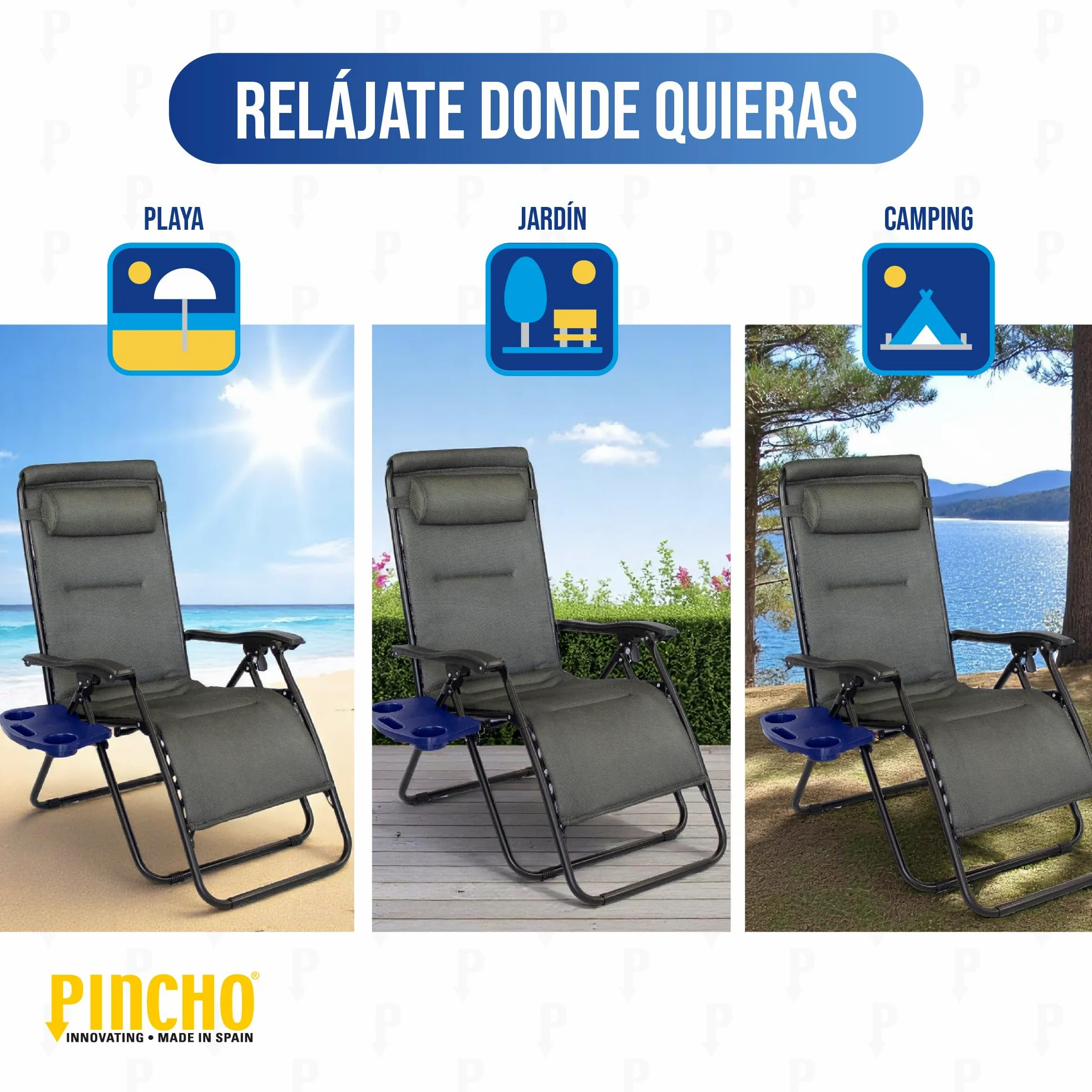 Pincho Tumbonas Jardin Exterior Silla Plegable Camping, Silla Gravedad Cero, Hamaca Plegable con Acolchado 2 cm y Bandeja Extraíble - Acero Ligero, Respaldo Alto, Cojín Cervical, 110 kg