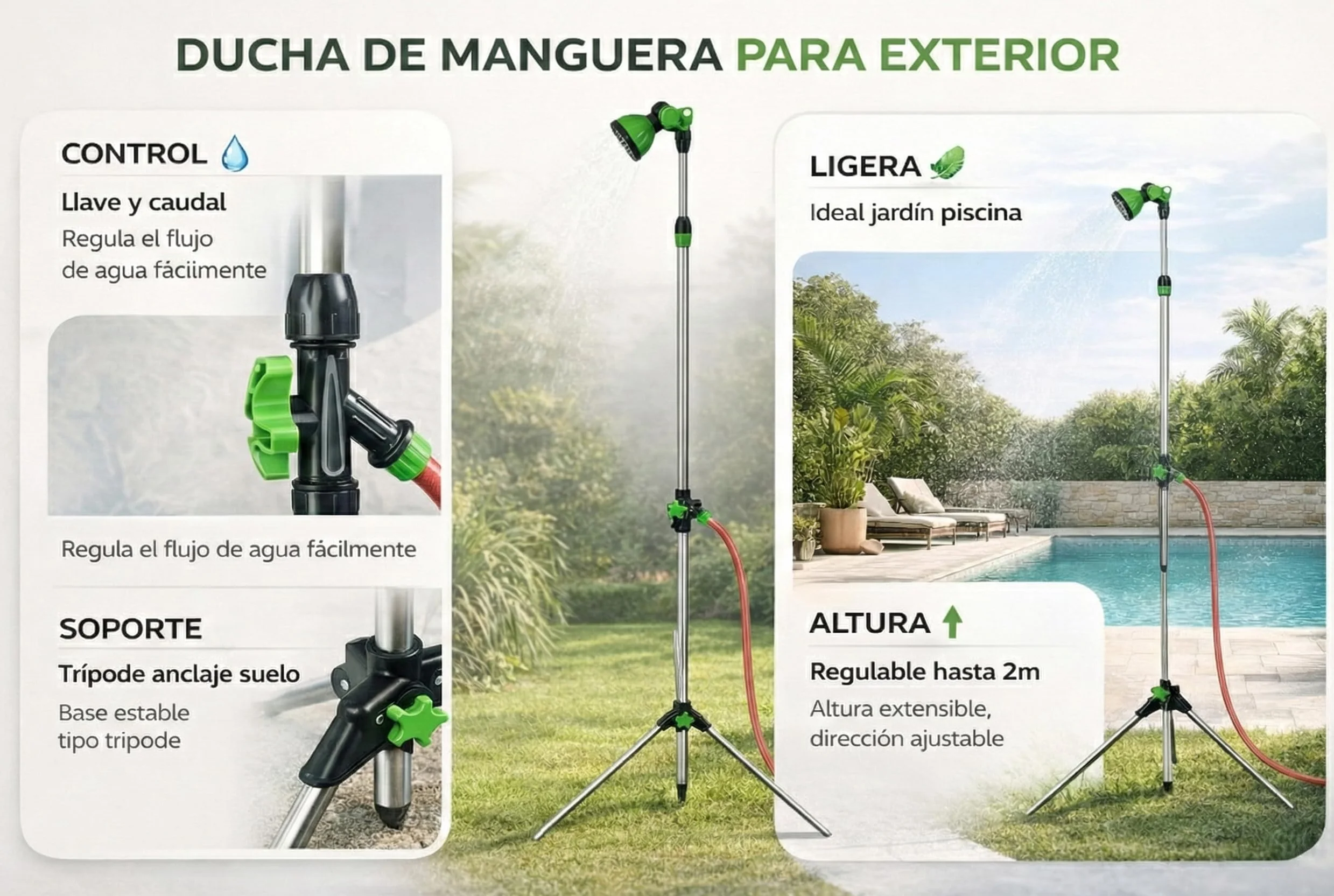 NORDIQ Ducha para Jardín y Terraza con Conexión Universal, Altura Regulable 175-229 cm, Aluminio Premium