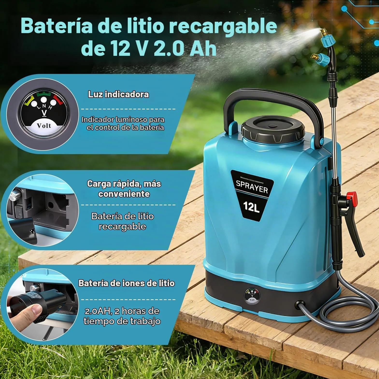 Viugreum 12L Pulverizador de Mochila a Batería, 12V Pulverizador Eléctrico de Jardín con 5 Boquillas de Nebulización, Lanza Telescópica y Correa Ajustable para Riego, Irrigación y Mantenimiento