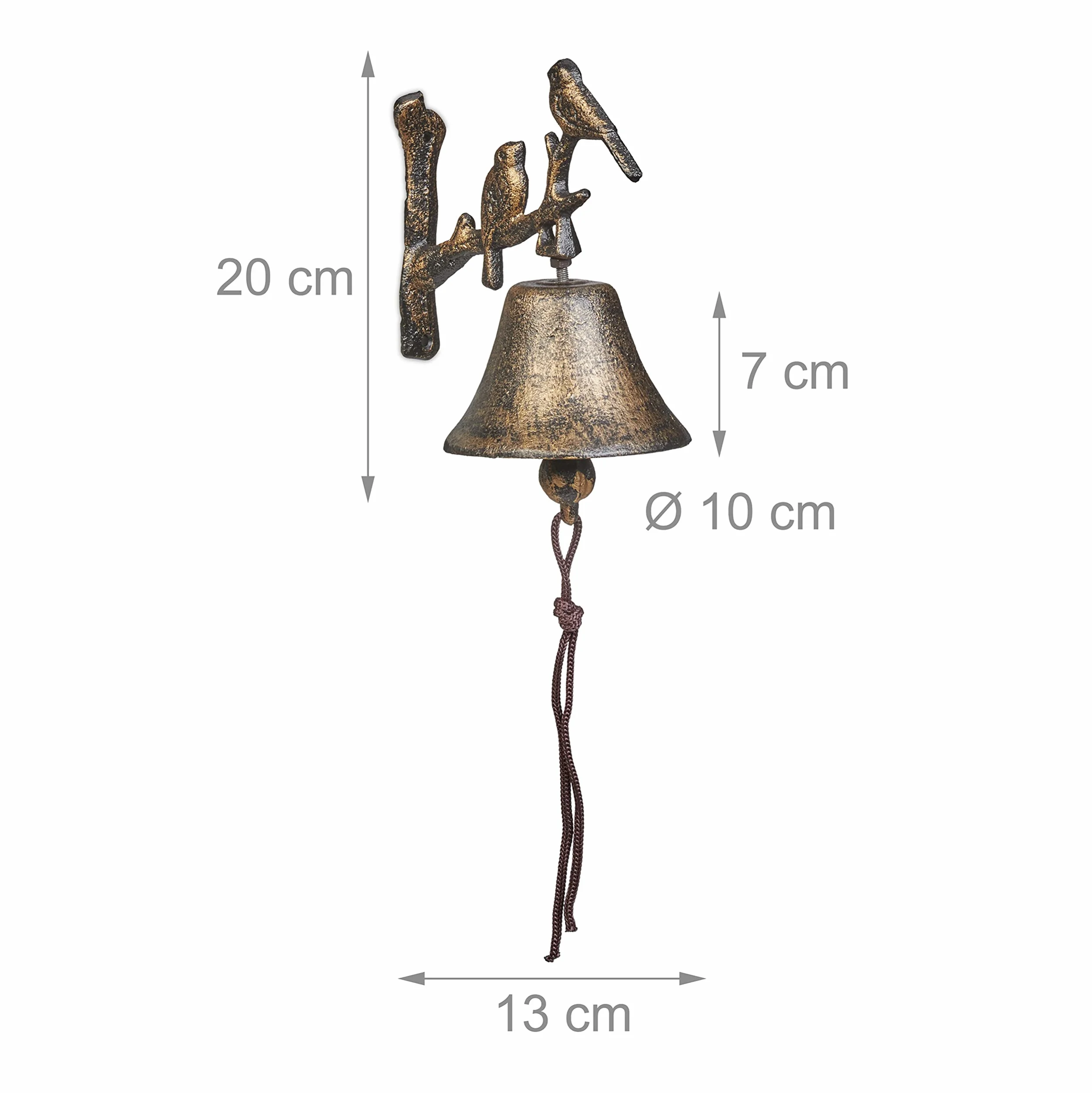 Relaxdays Campana Pared Rama Pajaritos Timbre Jardín Cuerda 20x10x13 cm Campanilla Mural Bronce