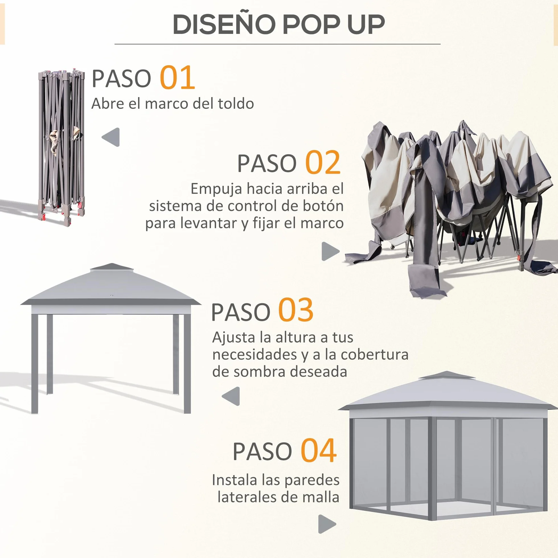 Outsunny Carpa Plegable 3,3x3,3 m Cenador de Jardín con Altura Ajustable en 3 Niveles Doble Techo 4 Mosquiteras Extraíbles y Bolsa de Transporte Impermeable Anti-UV Gazebo para Exterior Fiestas Gris