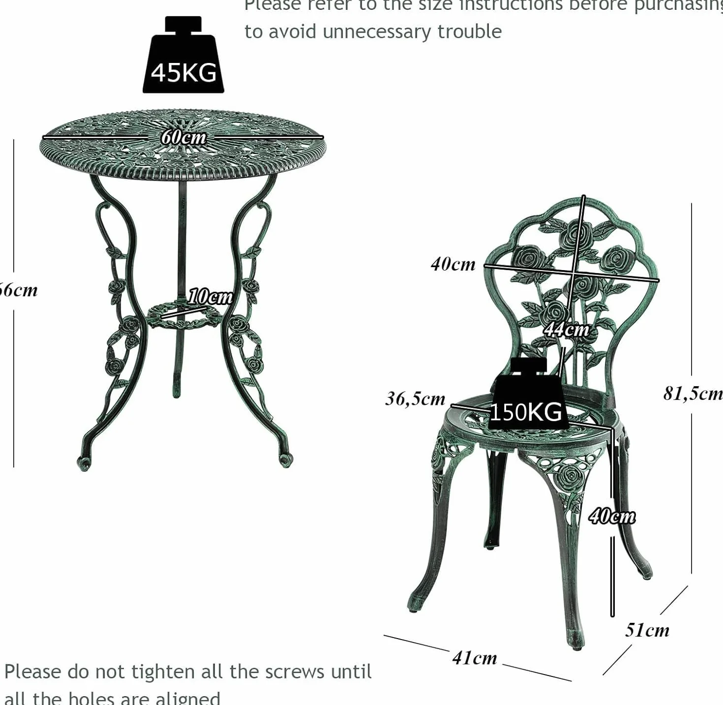 KOMFOTTEU Juego de Muebles de Jardín 3 Piezas, Mesa y 2 Sillas de Aluminio Fundido, Conjunto Bistró con Agujero Sombrilla, Diseño Rosas, Verde Bronce