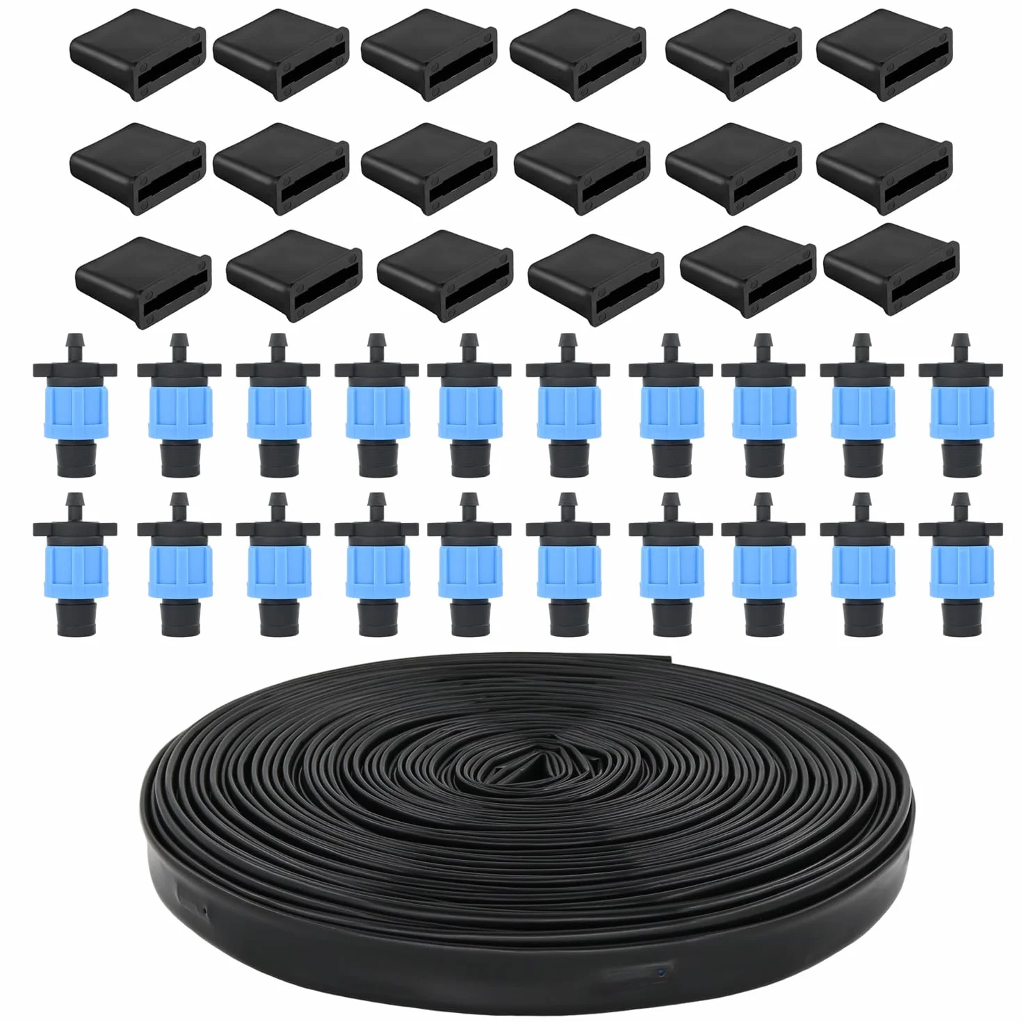 Kit de cinta de riego por goteo de 100 pies y 5/8 pulgadas, espaciado del emisor de 6 pulgadas con 20 conectores de cinta de goteo y 20 extremos de fila de cinta de goteo, equipo automático para riego
