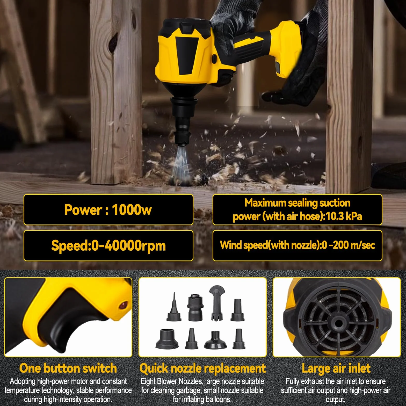 Soplador de Polvo inalámbrico para Dewalt de 20 V batería, Motor de Velocidad Continua de 1000 W, Plumero de Aire comprimido con luz LED y 8 boquillas, 40000 RPM para garajes, talleres