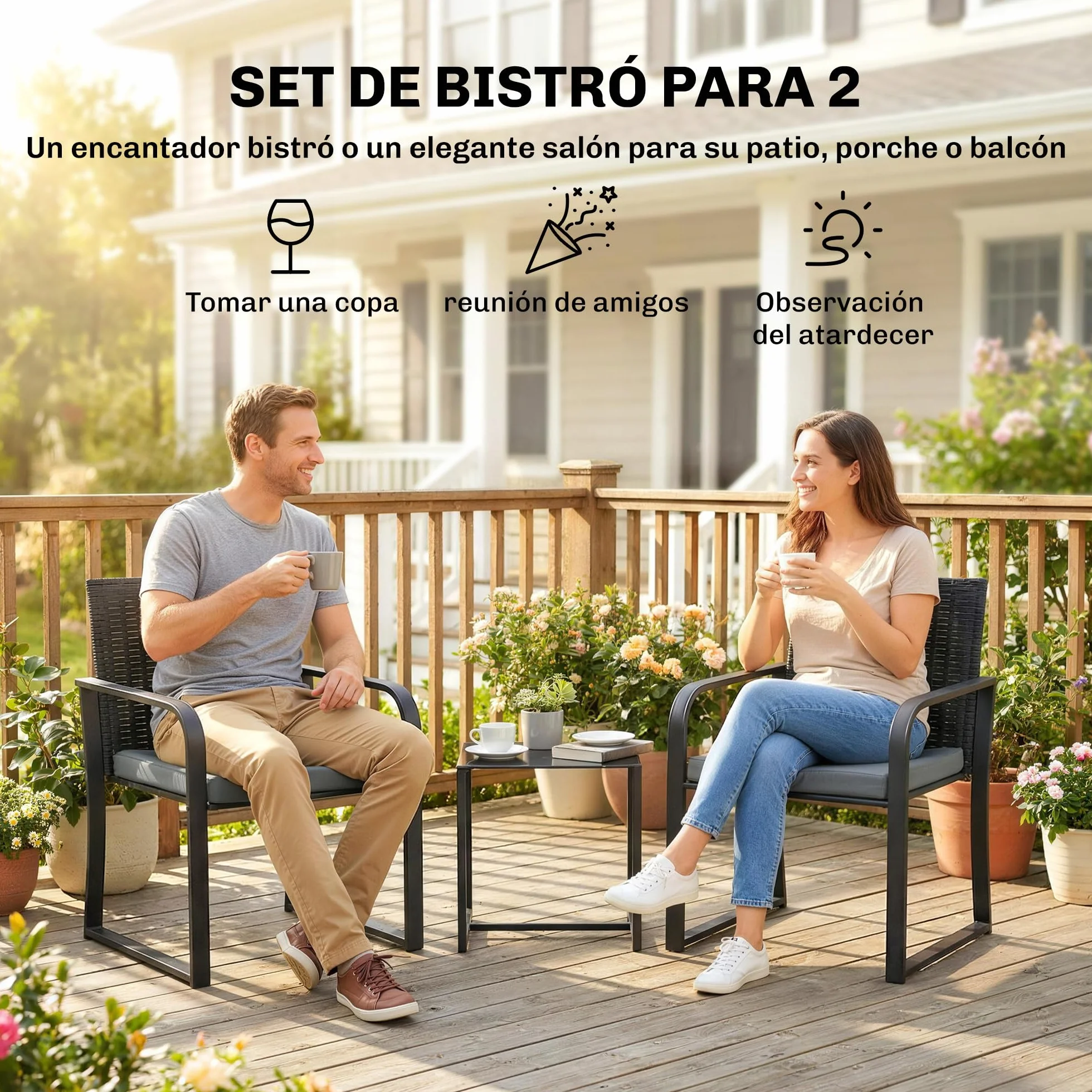Outsunny Conjunto de Jardín Exterior de 3 Piezas, Muebles de Ratán con Sillas y Mesa de Vidrio Templado, Gris