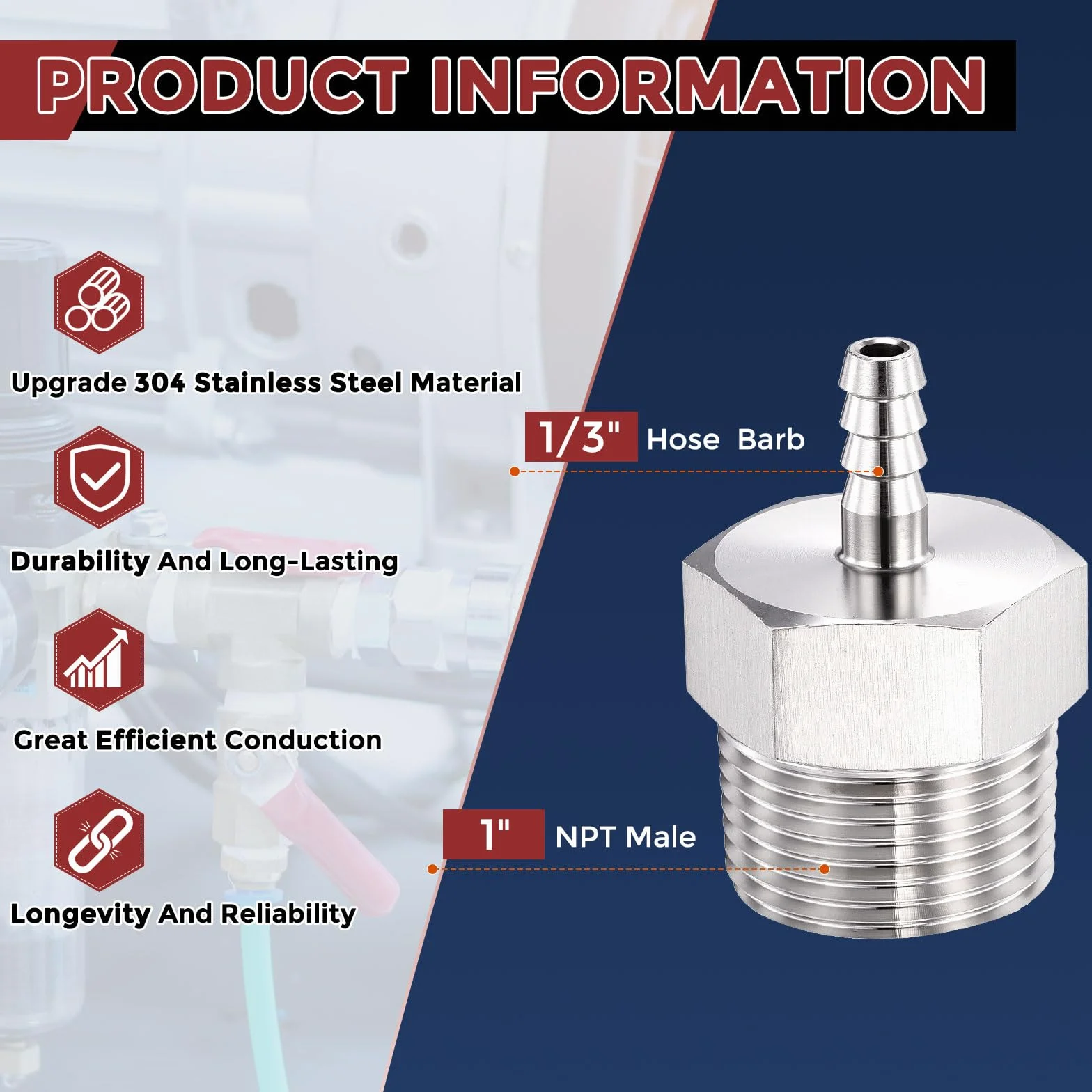Paquete de 5 púas de manguera de acero inoxidable 304 de 1/3 pulgadas a accesorios macho NPT de 1 pulgada, barras hexagonales de acero inoxidable para máquinas domésticas, bañeras de masaje y