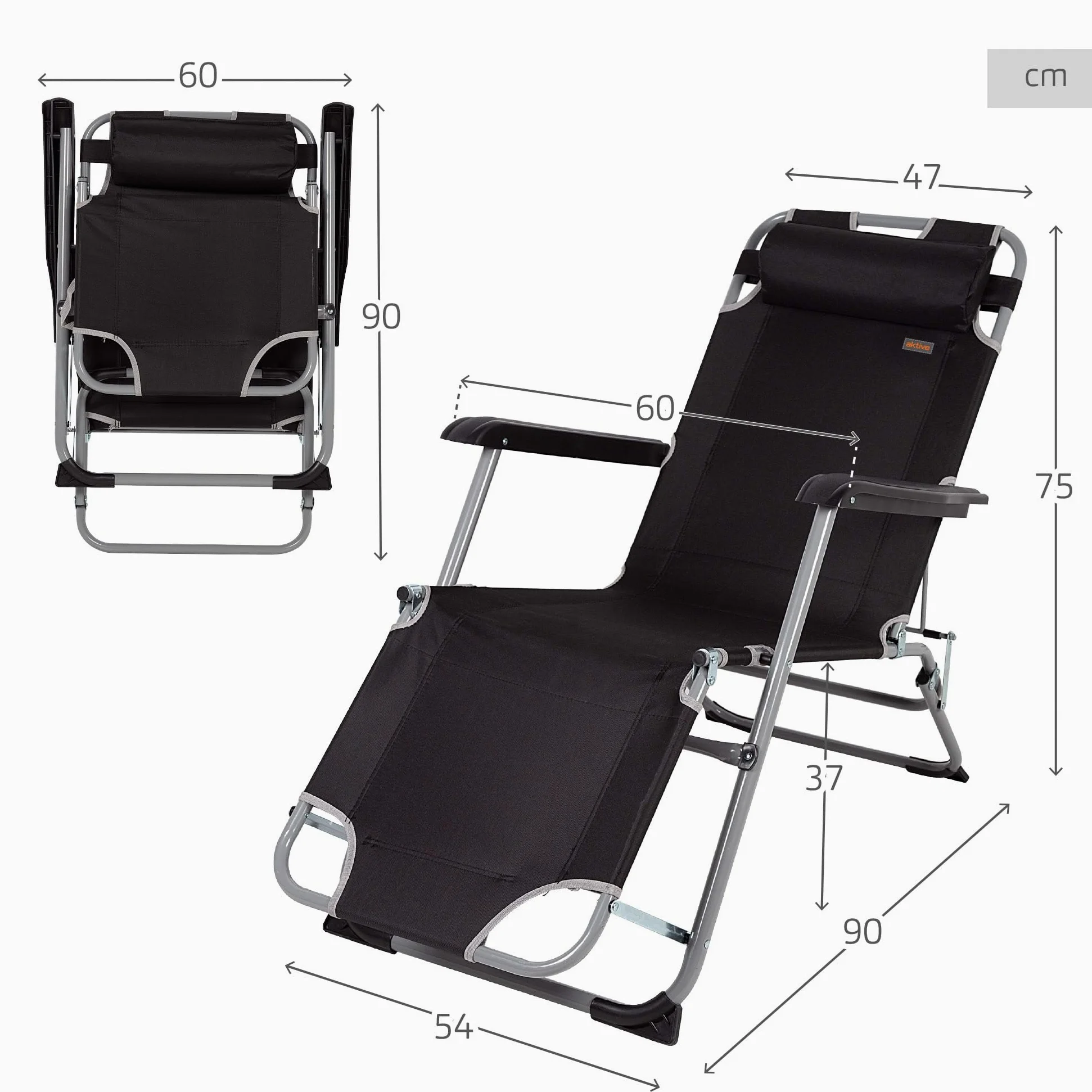AKTIVE Tumbona de jardín plegable y reclinable 3 posiciones Negra, Medidas 47x95x80 cm, Peso máx. 110Kg, Material acero y poliéster, Antivuelco, tumbonas y hamacas de jardín (62295)
