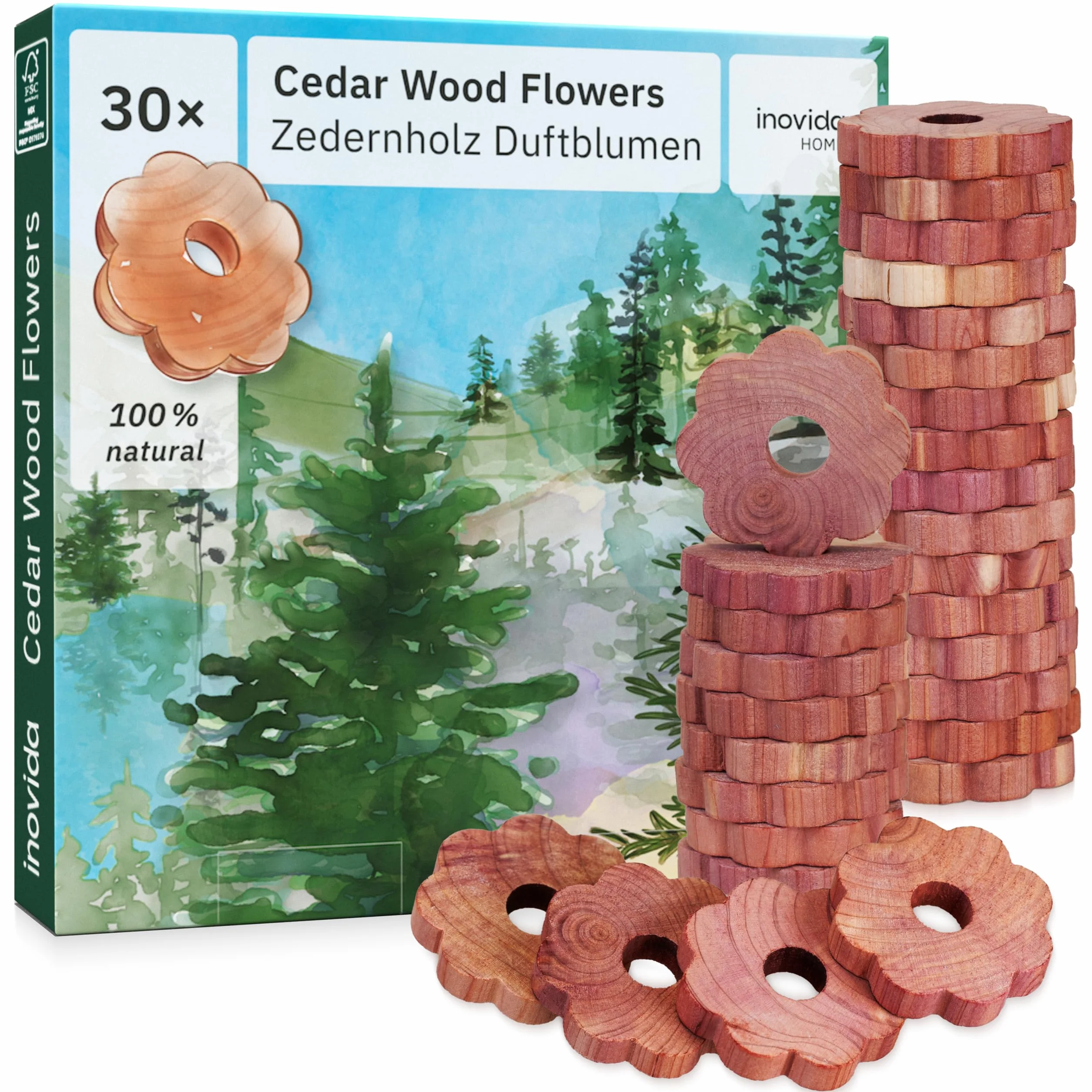 Inovida Anillos Antipolillas de Madera de Cedro : 30 Flores con Fragancia de Madera de Cedro como Protección Antipolillas para Armarios – Fragancia Natural – Protección Antipolillas en el Armario