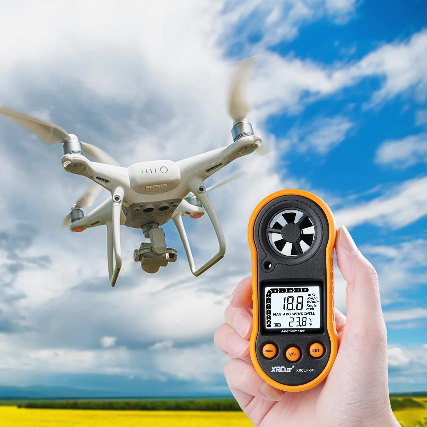 Anemómetro digital de mano, medidor de velocidad del viento, flujo de aire y temperatura