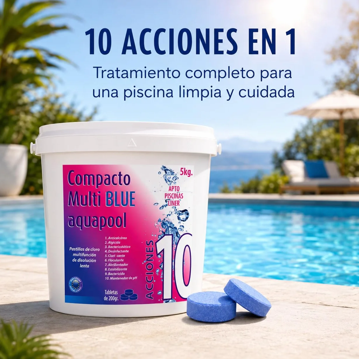 Aquapool Compacto 10 ACCIONES Pastillas de Cloro multifunción Disolución Lenta Apto Piscinas Liner 5 KG