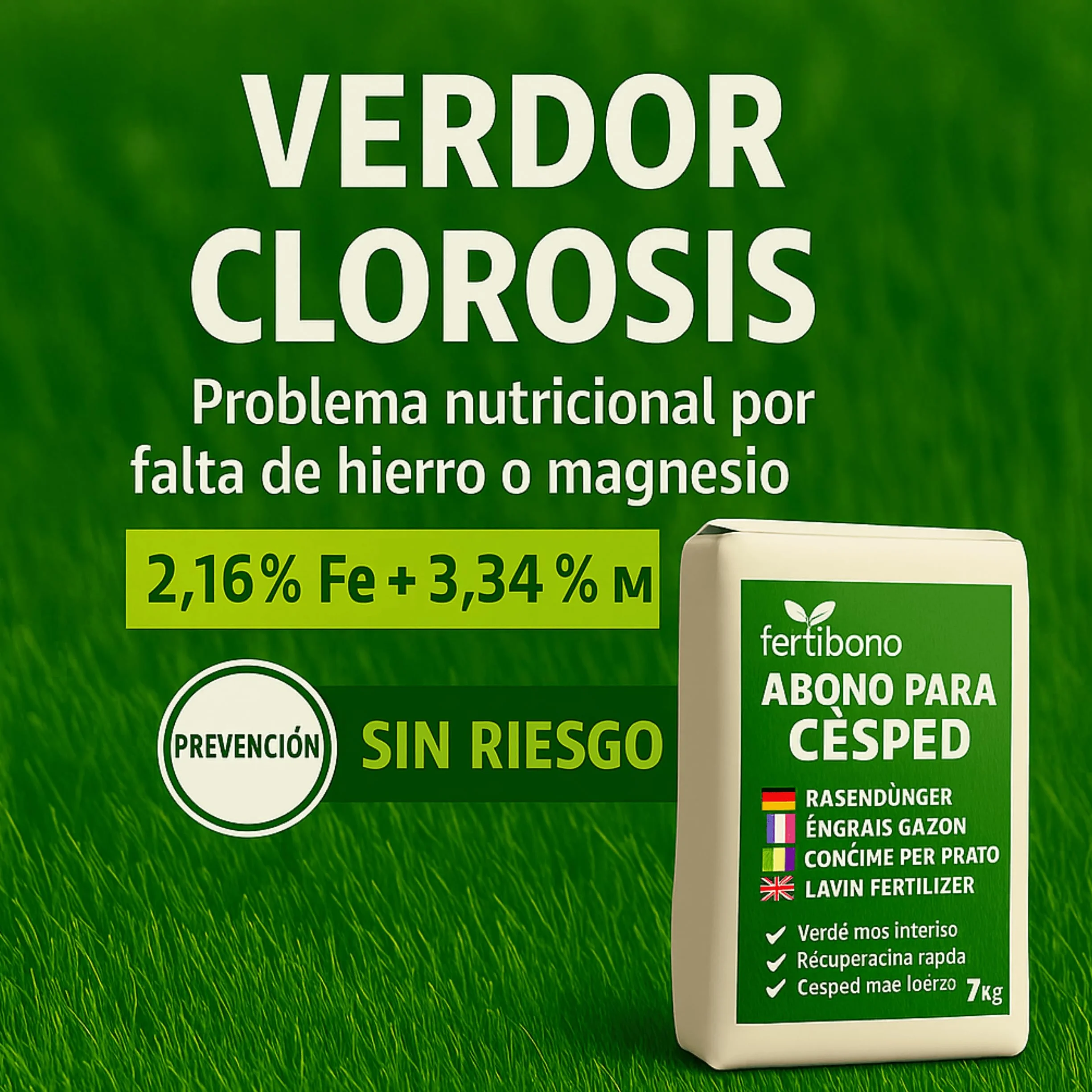 FERTIBONO Abono Césped 7kg NPK Magnesio Hierro Manganeso Azufre Hasta 280 m2