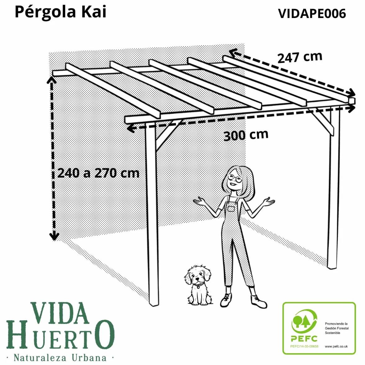 Pérgola Adosada de Madera Gama Kai de VidaHuerto: Donde Elegancia y Naturaleza Se Unen (Madera DE Pino, 300x240x240/270 cm)