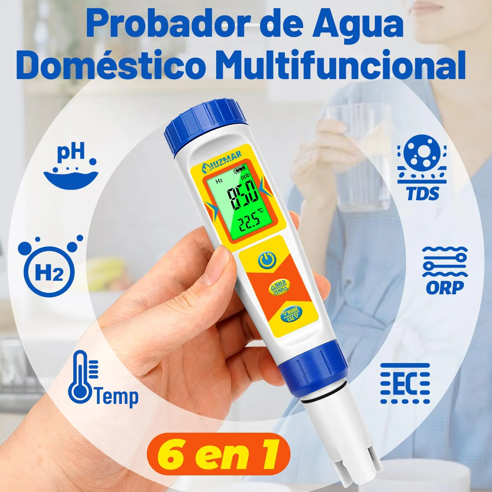 UIUZMAR Medidor de Hidrógeno y pH para Botella de Agua de Hidrógeno, Medidor pH H2, Probador de Calidad del Agua 6 en 1 con Función de pH H2 ORP TDS EC TEMP para Piscina, Acuario, Hidroponía