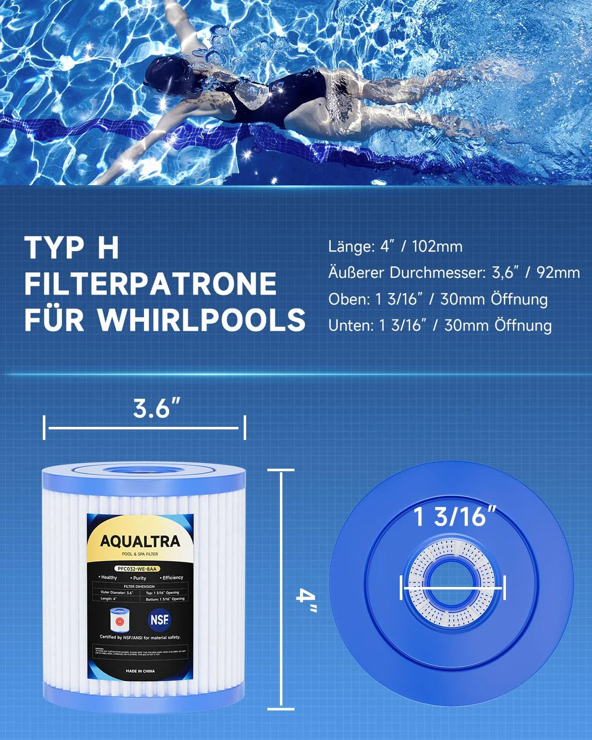 AQUALTRA Cartucho de Repuesto para Filtro de Piscina 29007E Tipo H, 330 GPH, 102mm x 92mm, 8 Piezas