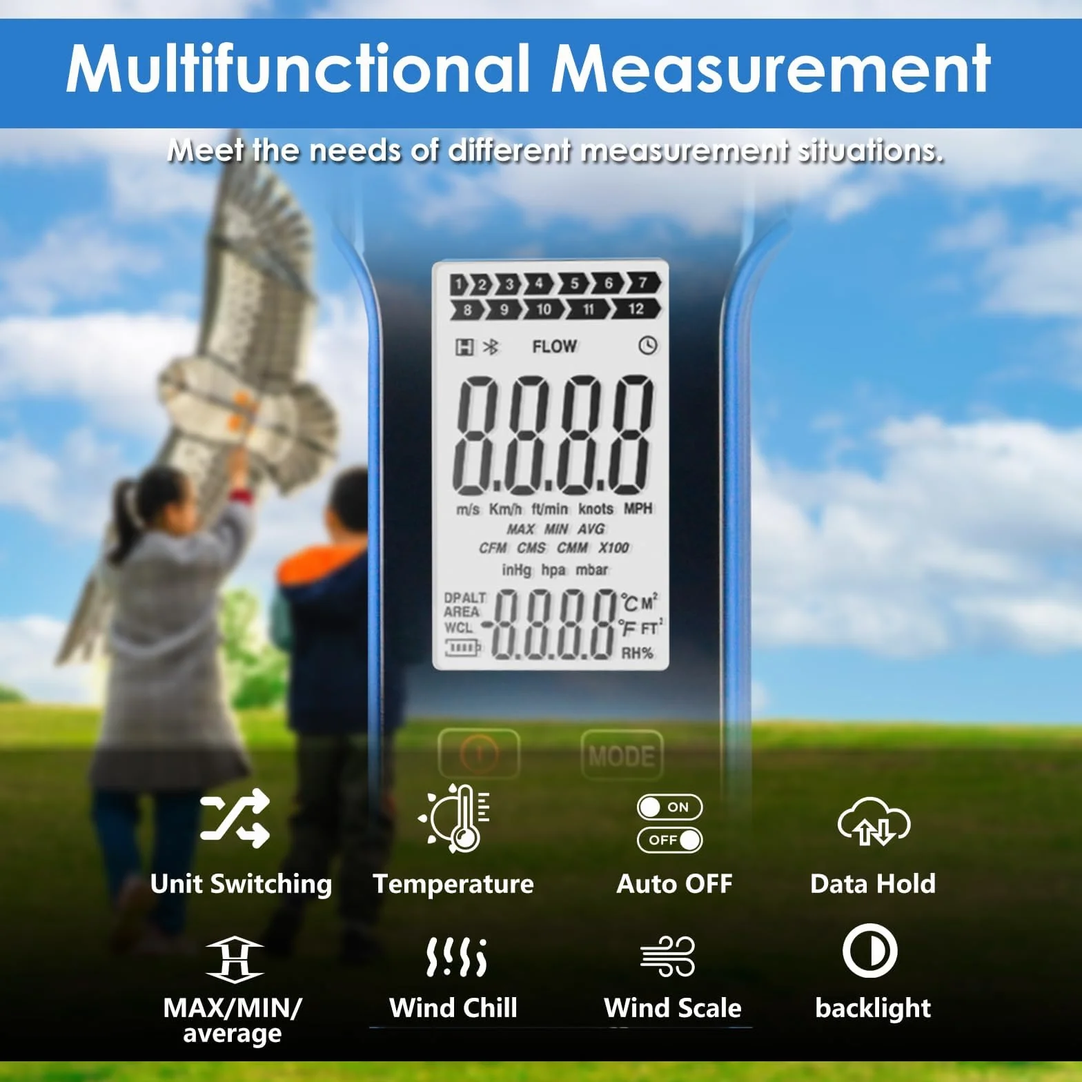 Anemómetro Digital de Mano CFM para HVAC Recargable Medición Velocidad Viento Flujo Aire Temperatura