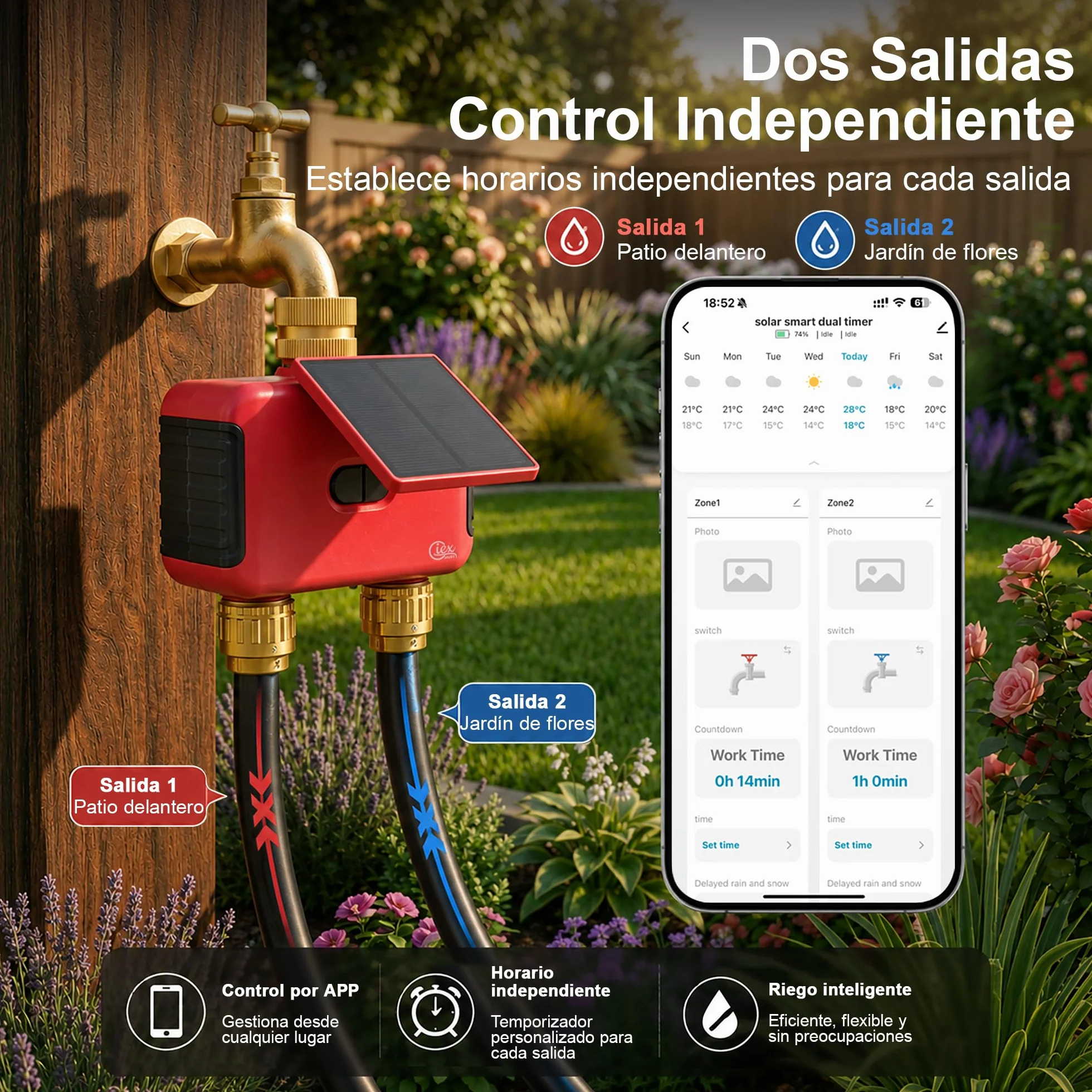 Programador de riego WiFi 2 Zonas, Temporizador Solar Recargable Doble Salida, Conectores Latón, App Smart Life, Alexa Google Assistant