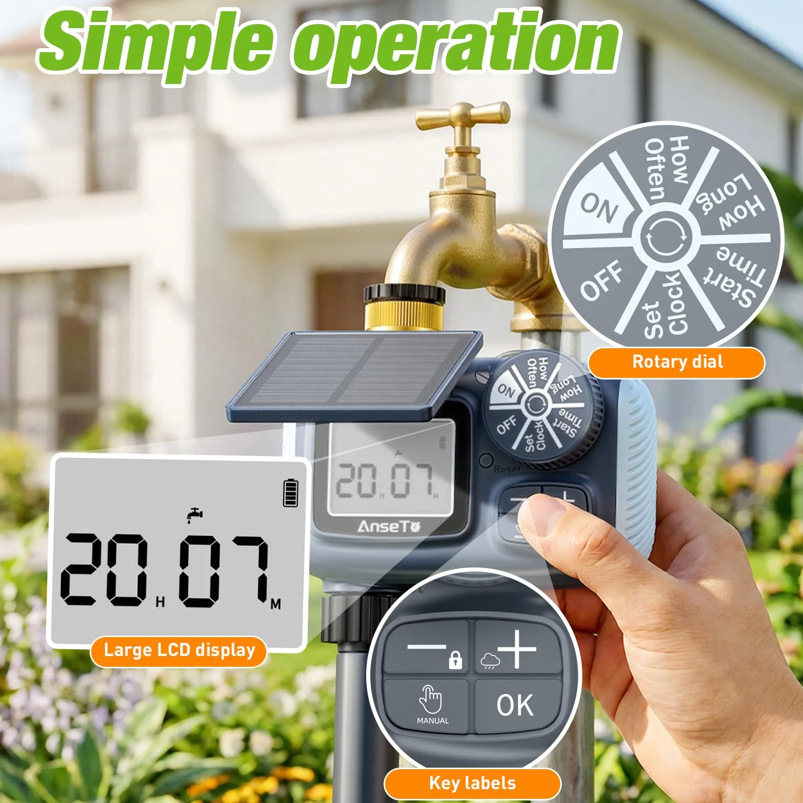 Temporizador de Riego Automático LCD con Carga Solar y Tipo C para Jardín