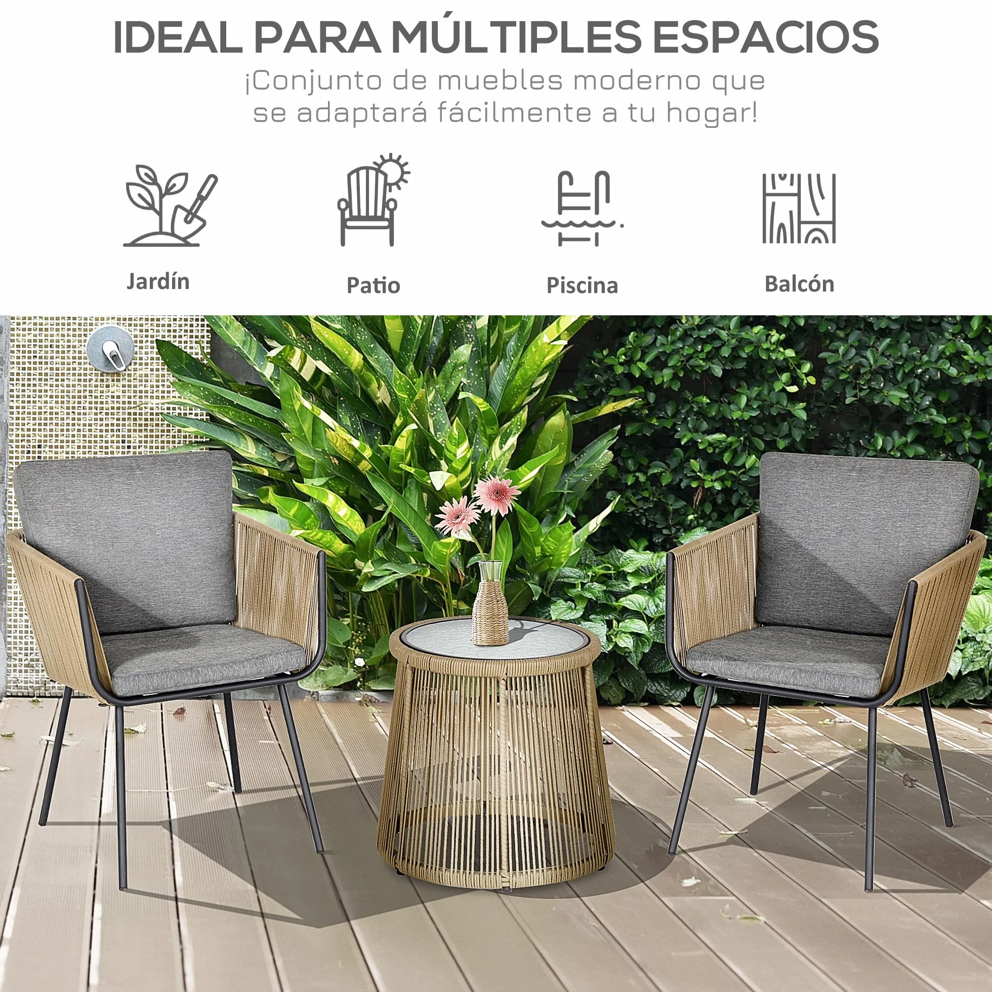 Outsunny Conjunto de Jardín 3 Piezas Silla y Mesa Ratán Cojines Vidrio Balcón Terraza Gris