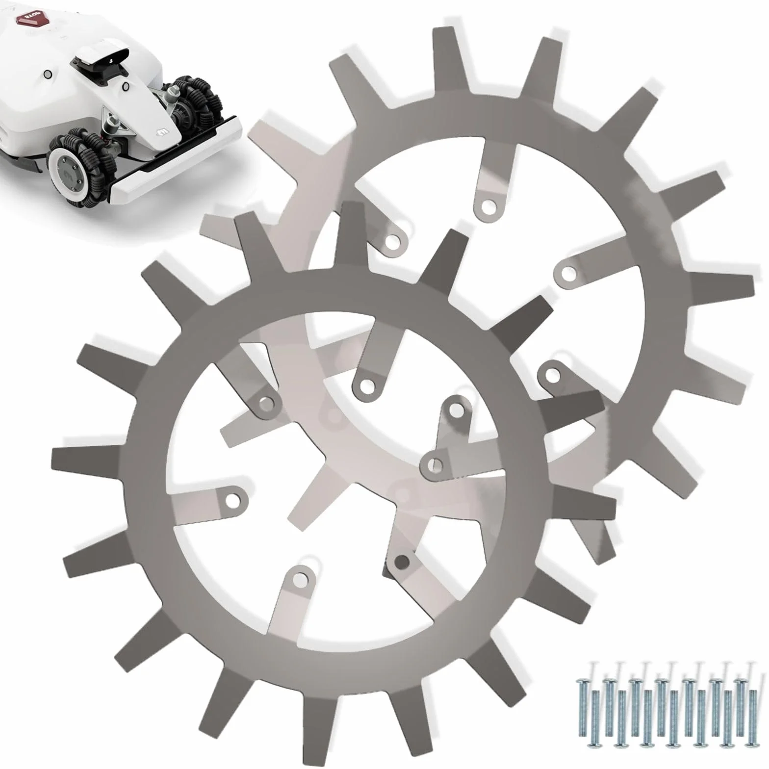 Picos para robot cortacésped MAMMOTION LUBA 1/2/2X/3, acero inoxidable, círculo de agujeros de 66 mm | Mejora de tracción para robot cortacésped de acero inoxidable. Más agarre en caso de inclinación, humedad y césped irregular.