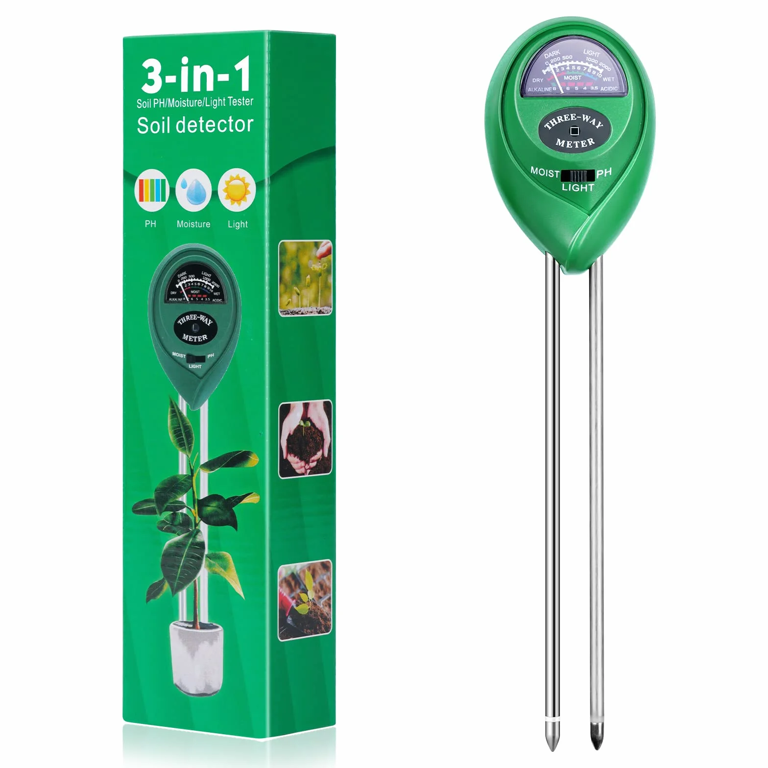 Flintronic Medidor de Humedad del Suelo 3 en 1, Probador de Suelo con pH, Luz y Humedad, para Jardín